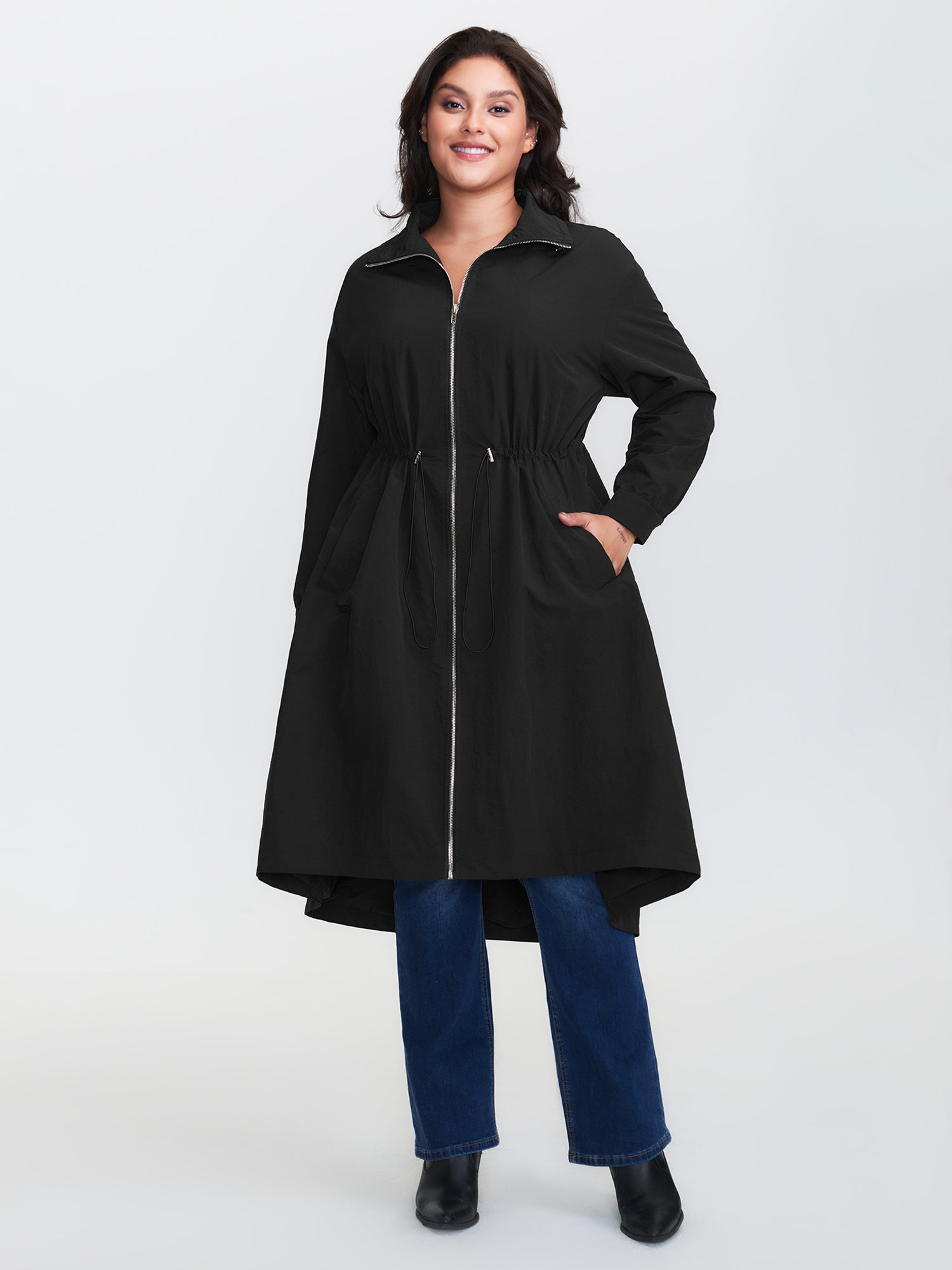 Drawstring Pockets Zipper Long Jacket