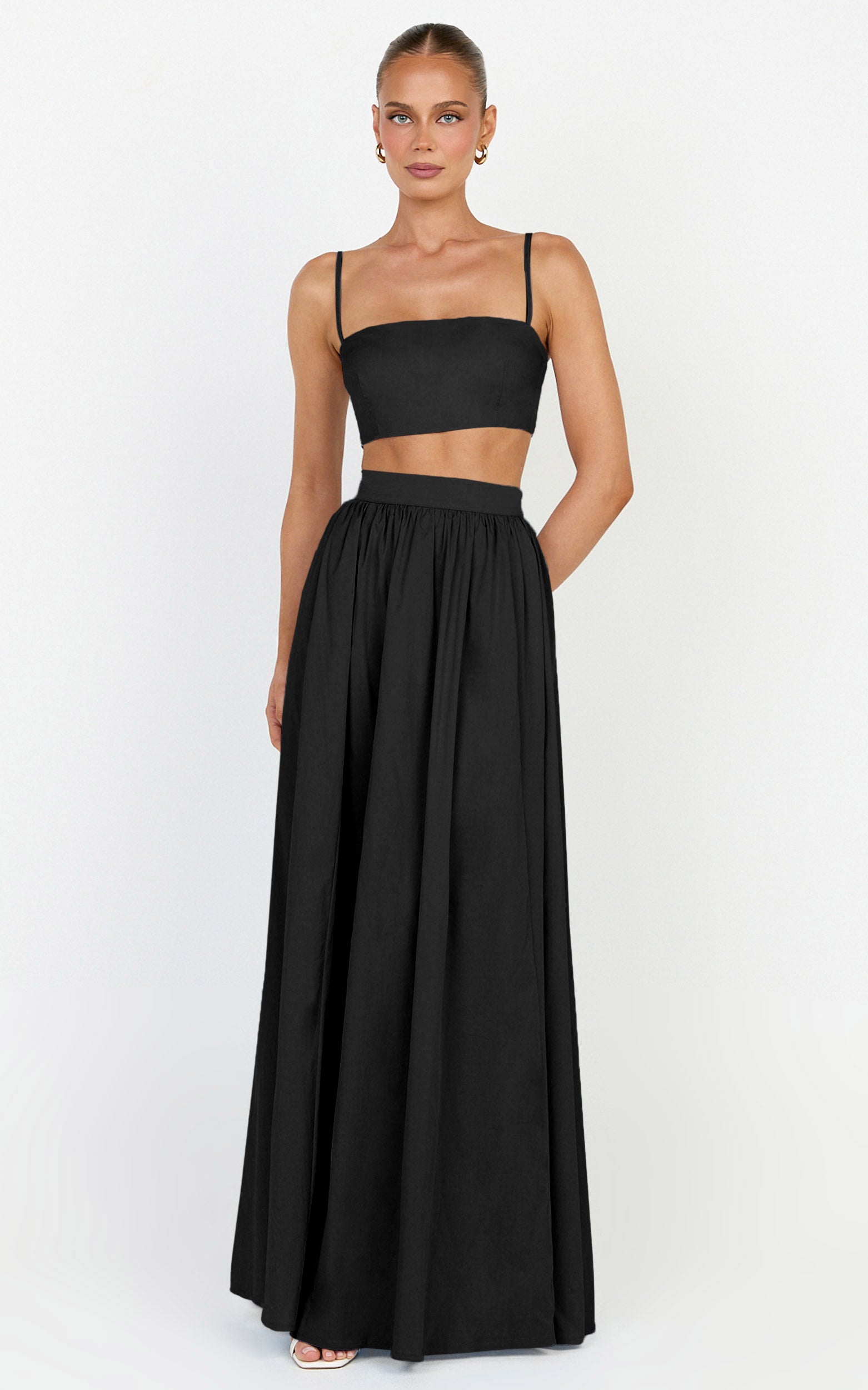Tegan Two Piece Set - Straight Neck Micro Crop Top and A Line Maxi Skirt Set in Black
