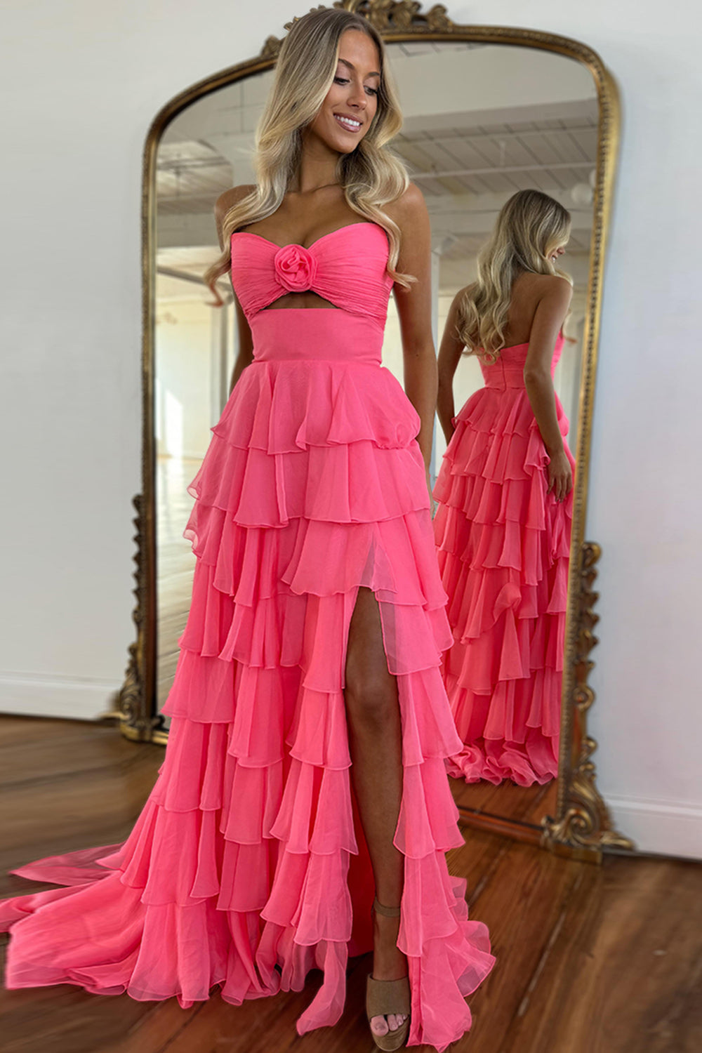 Long A-Line Ruffled Prom Dress in Coral Chiffon with Sweetheart Neckline and Slit