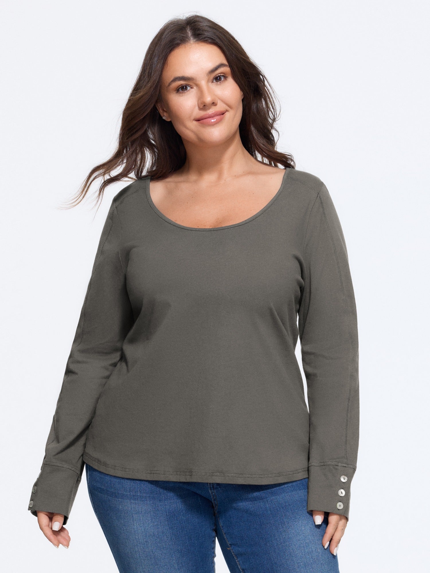 Cotton Solid Button Cuff Long Sleeve T-Shirt