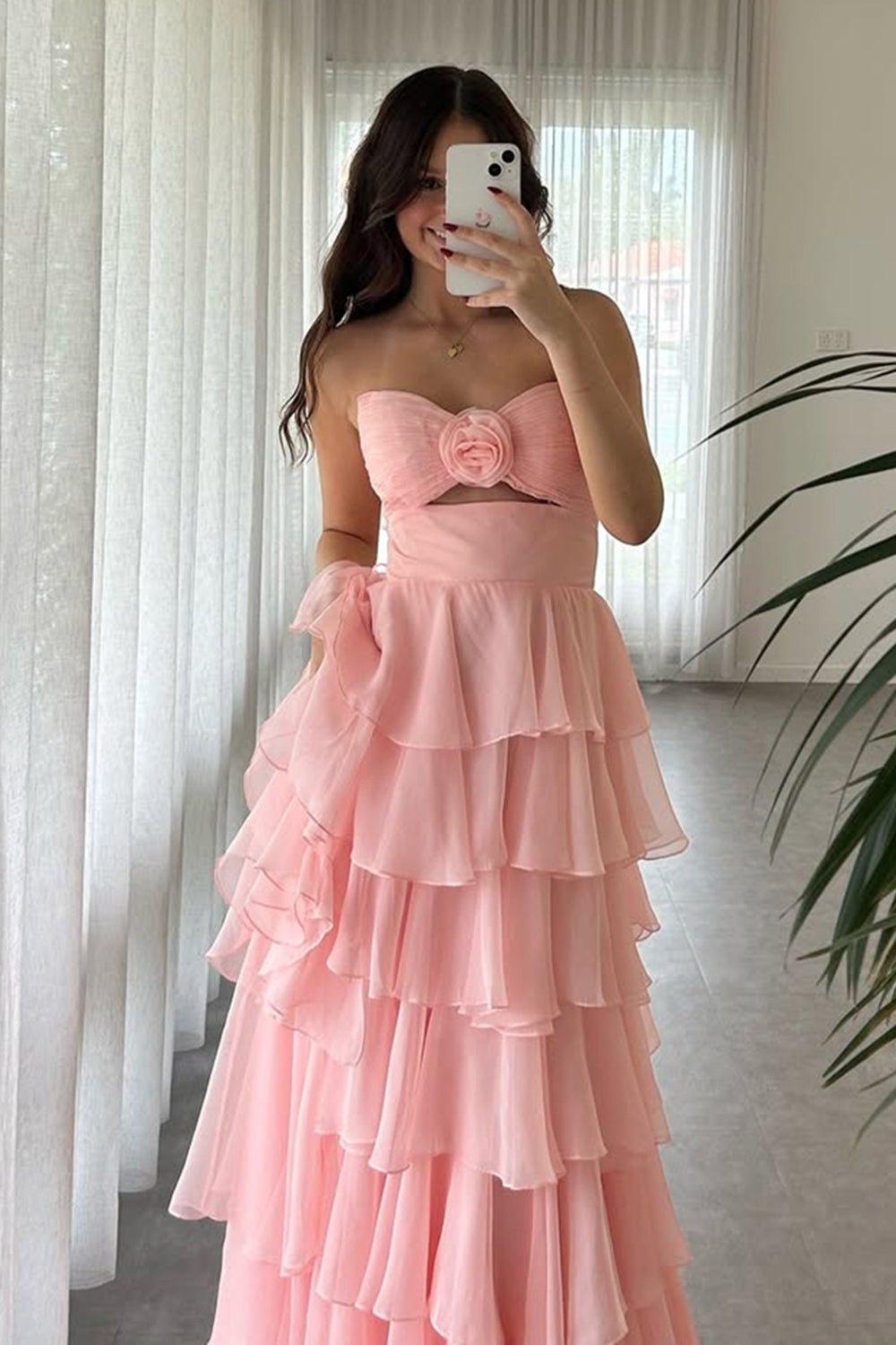 Long A Line Tiered Prom Dress in Blush Chiffon with Slit and Strapless Design