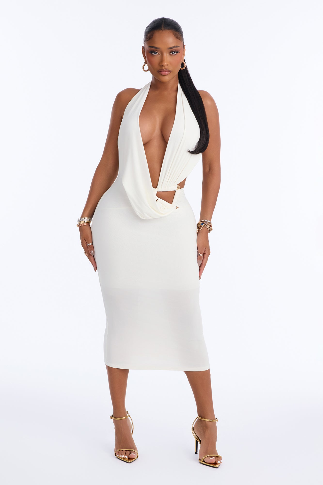 Love Bomb Deep V Backless Midi Dress - White