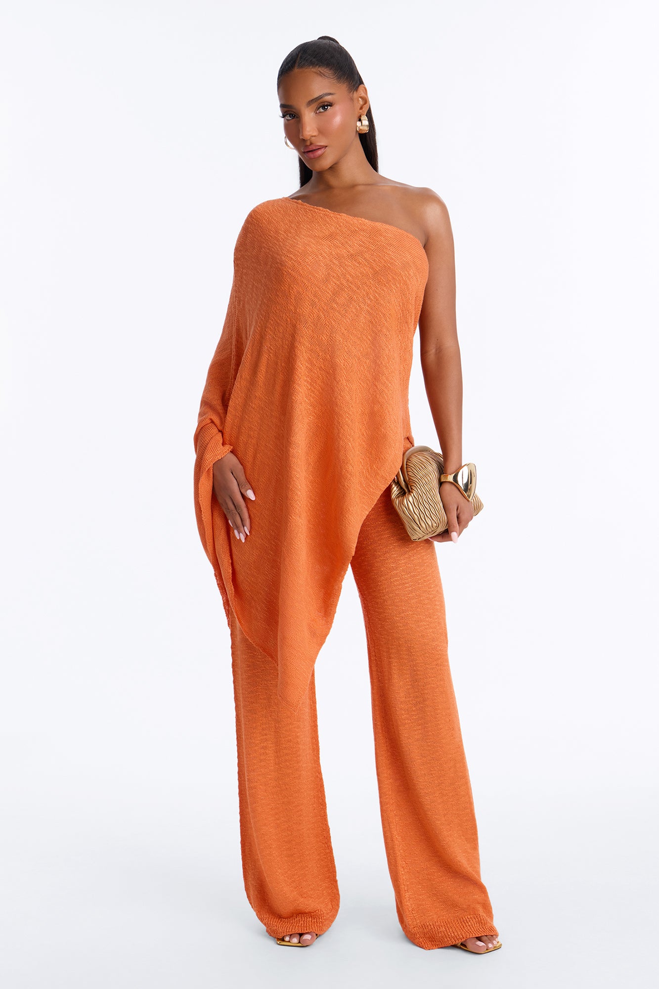 Solia One Shoulder Sweater Pant Set - Orange
