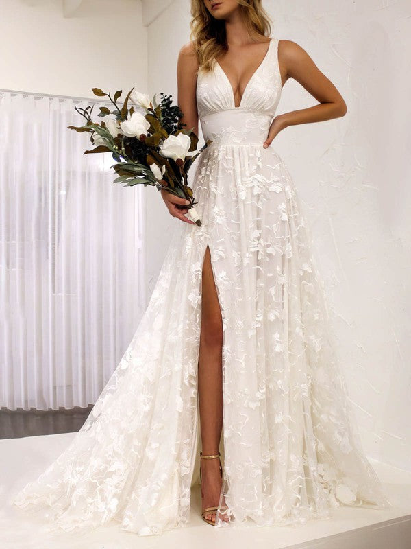 Beautiful A-Line Deep V-Neck Backless Lace Wedding Dresses with Split
