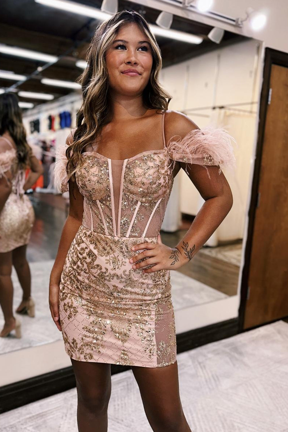 Sparkly Rose Gold Corset Sequins Tight Short Homecoming Dress/Mini Dress With Feather