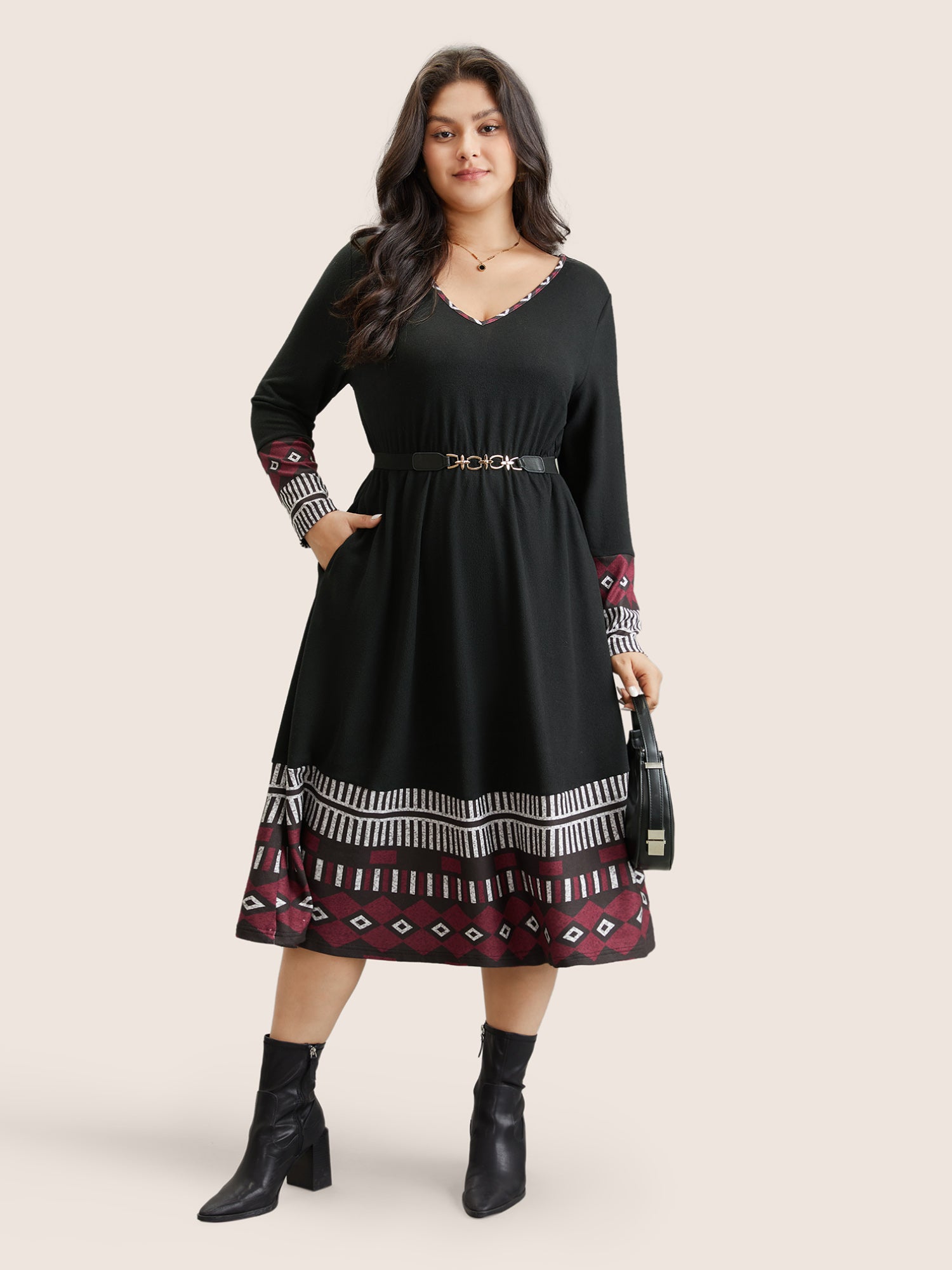 Patchwork Geometric Pocket Elastic Waist Dress