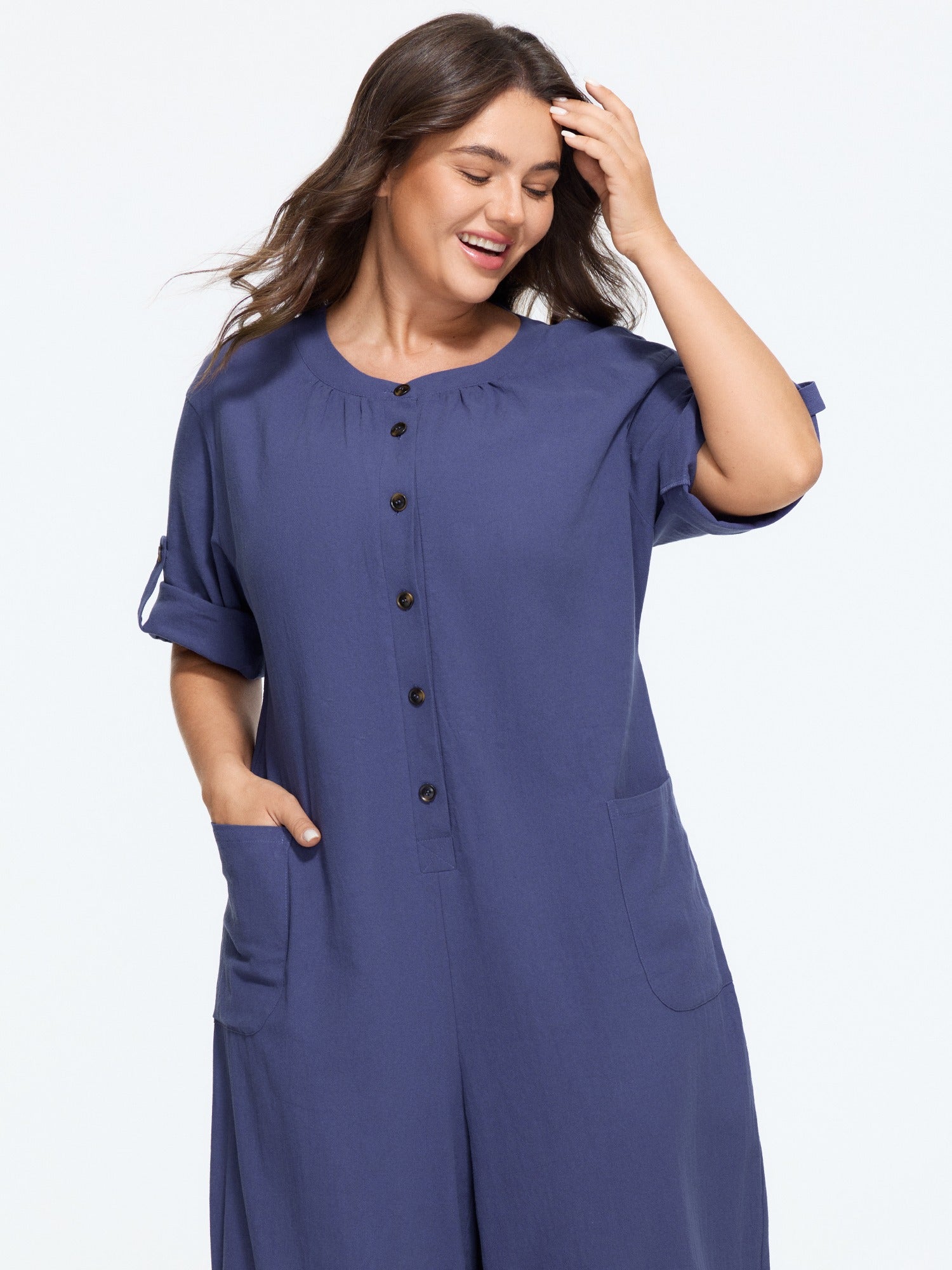 Cotton Half Button Roll‑Tab Sleeve Wide Leg Jumpsuit