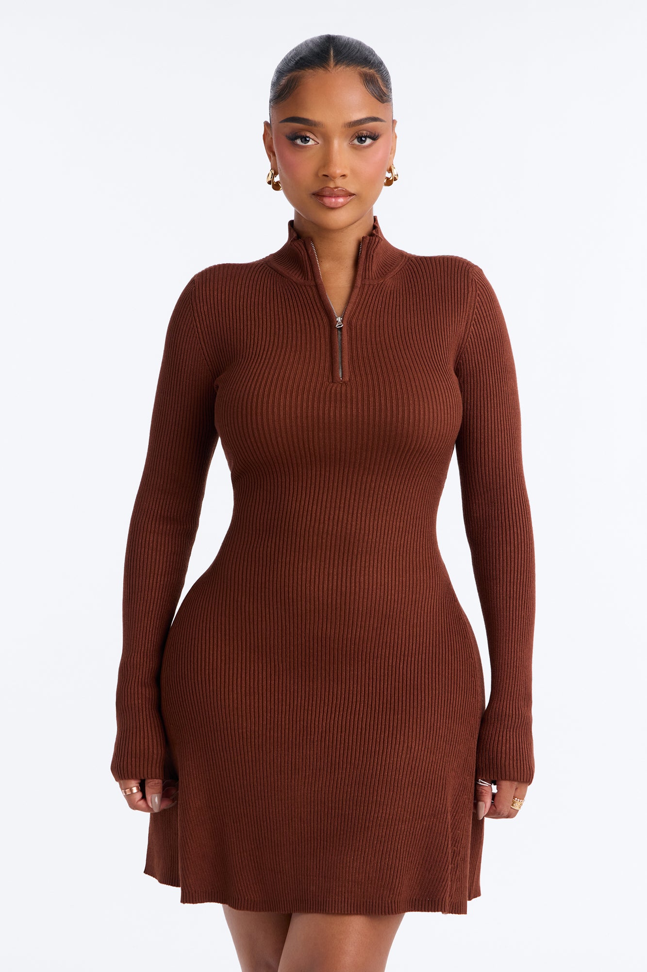 Lia Zip Front Sweater Mini Dress - Chocolate