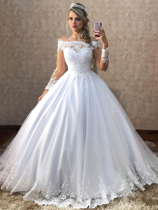 Gorgeous Ball Gown Off-The-Shoulder Long Sleeves Satin Wedding Dresses with Sweep Train