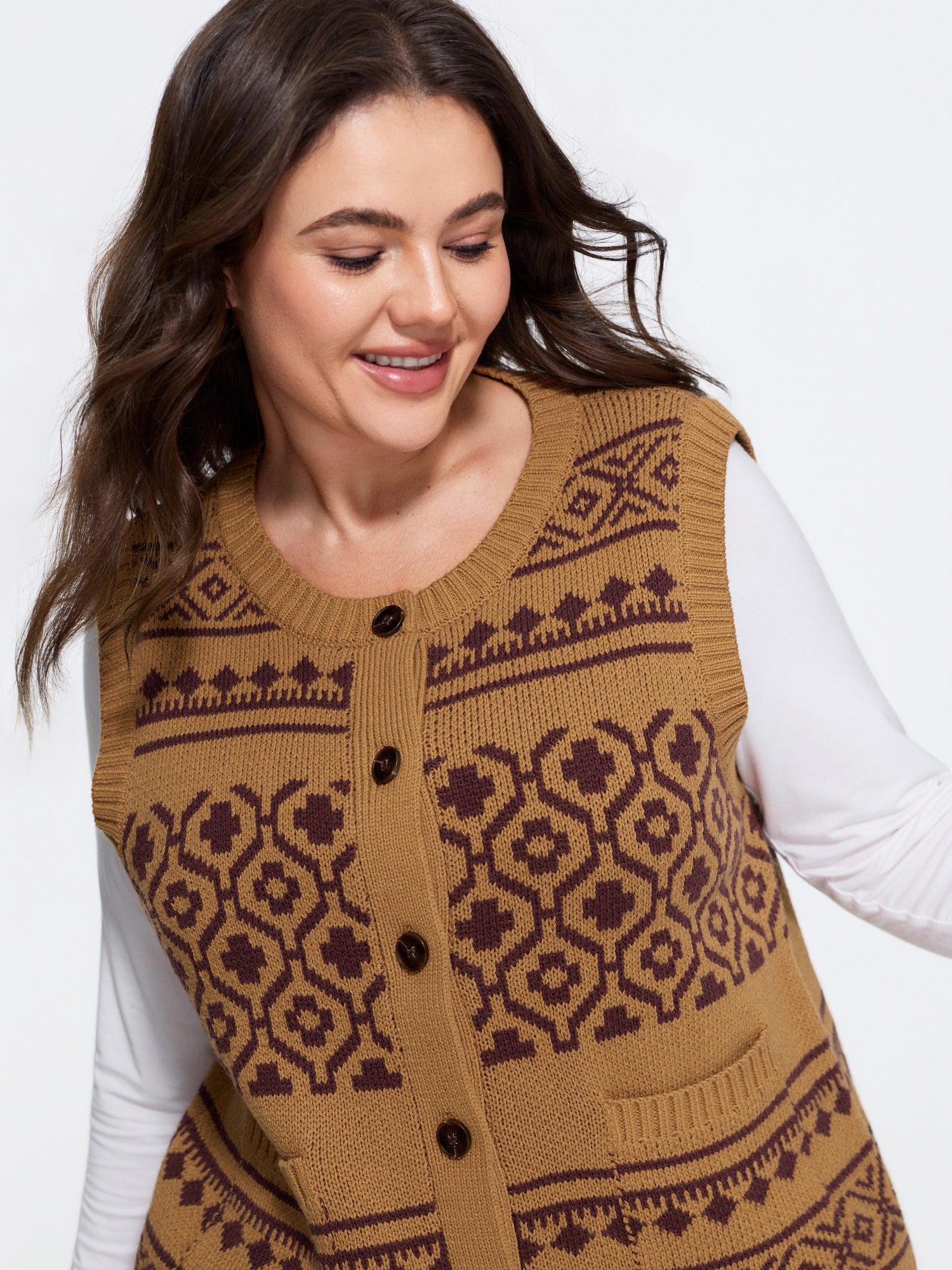 Vintage Geometric Jacquard Button Front Sweater Vest
