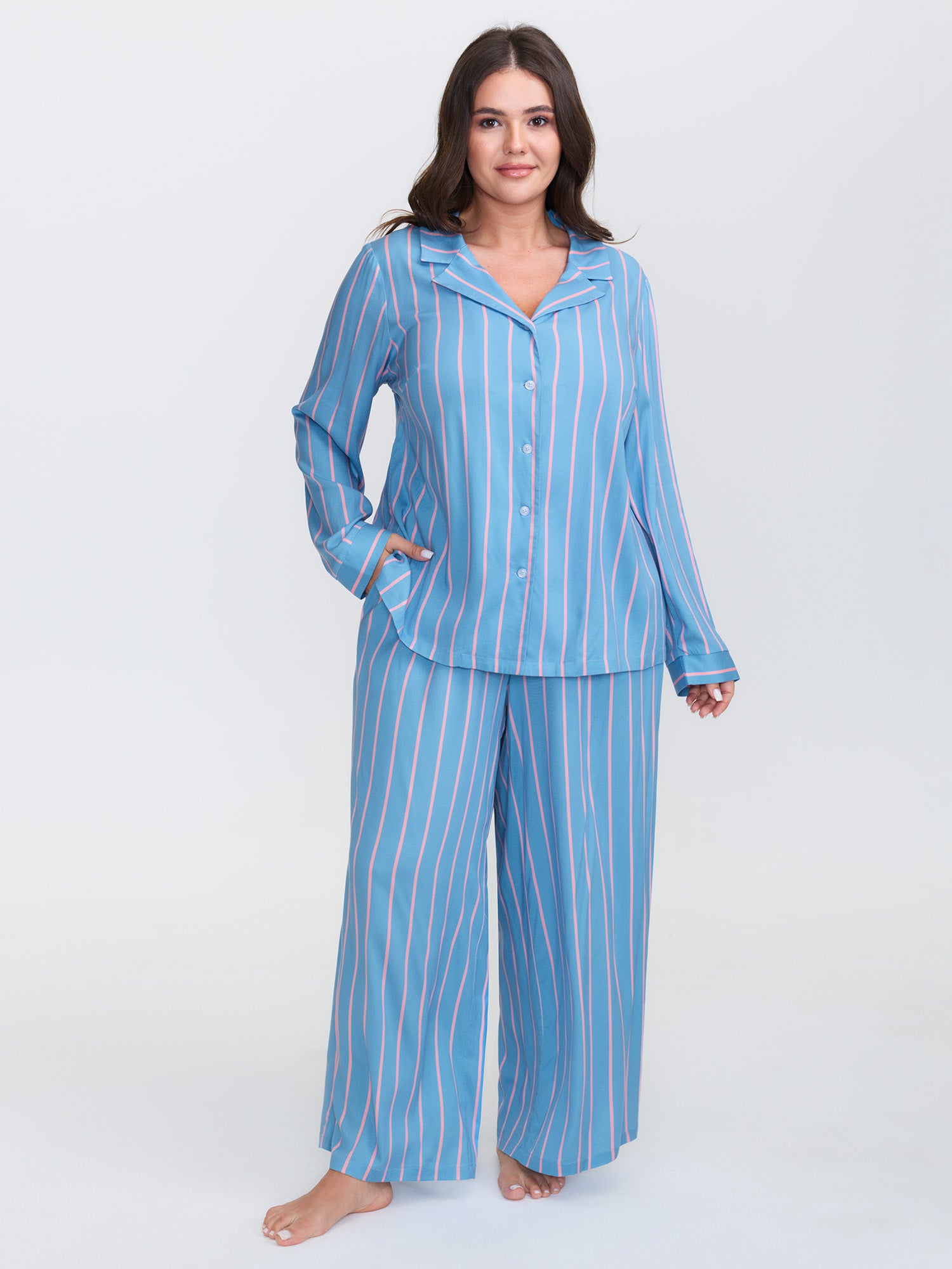 Stripe Print Pockets Two-Piece Pajama Set