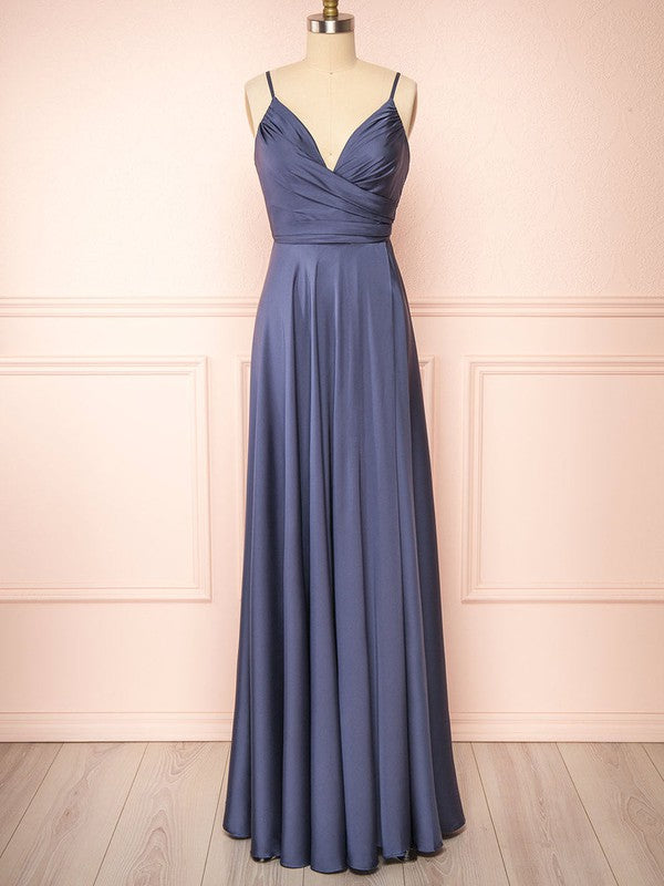 Charming A-Line V-Neck Sleeveless Satin Floor-Length Ruffles Bridesmaid Dresses