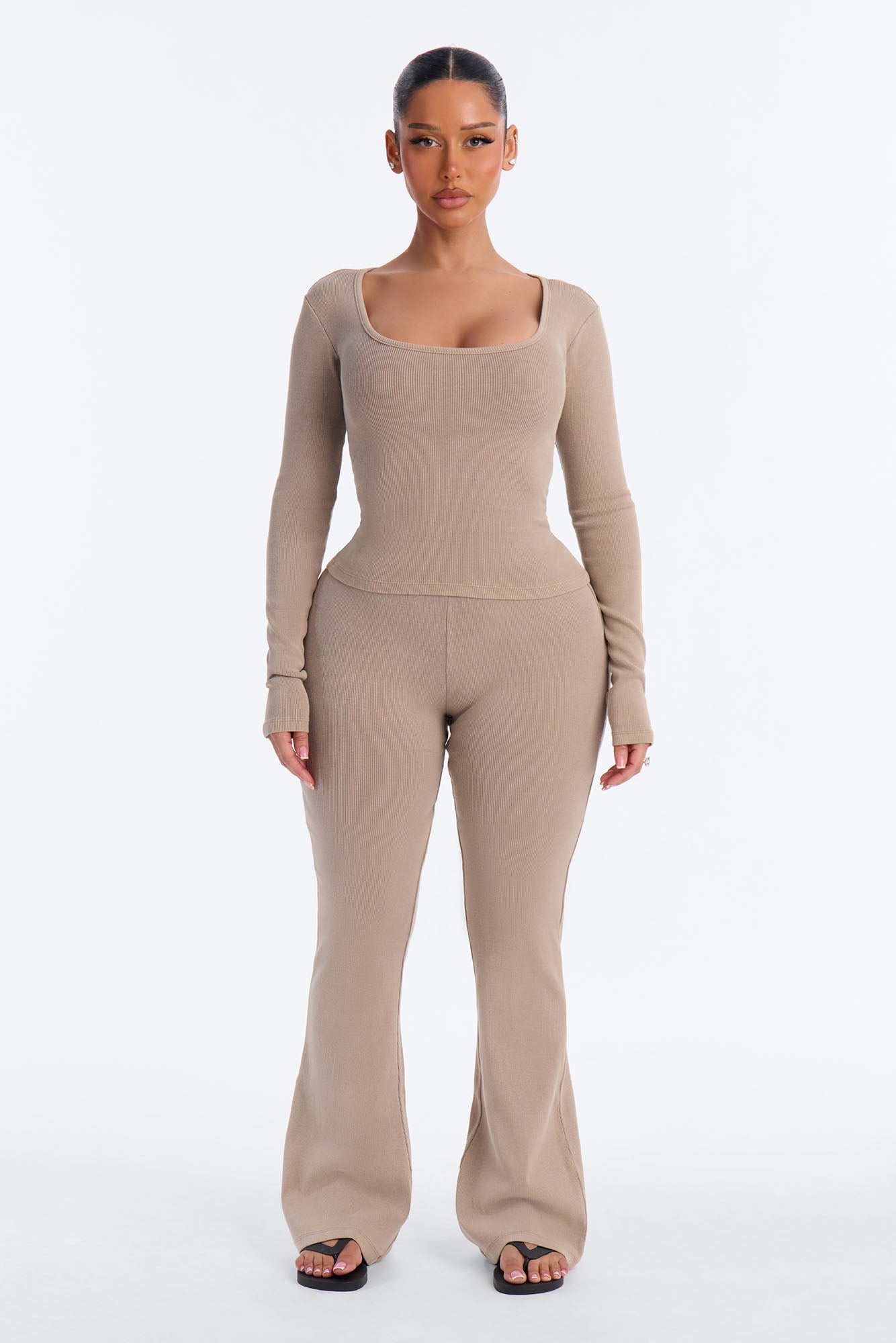 Tony Washed Ribbed Long Sleeve Flare Pant Set - Washed Stone