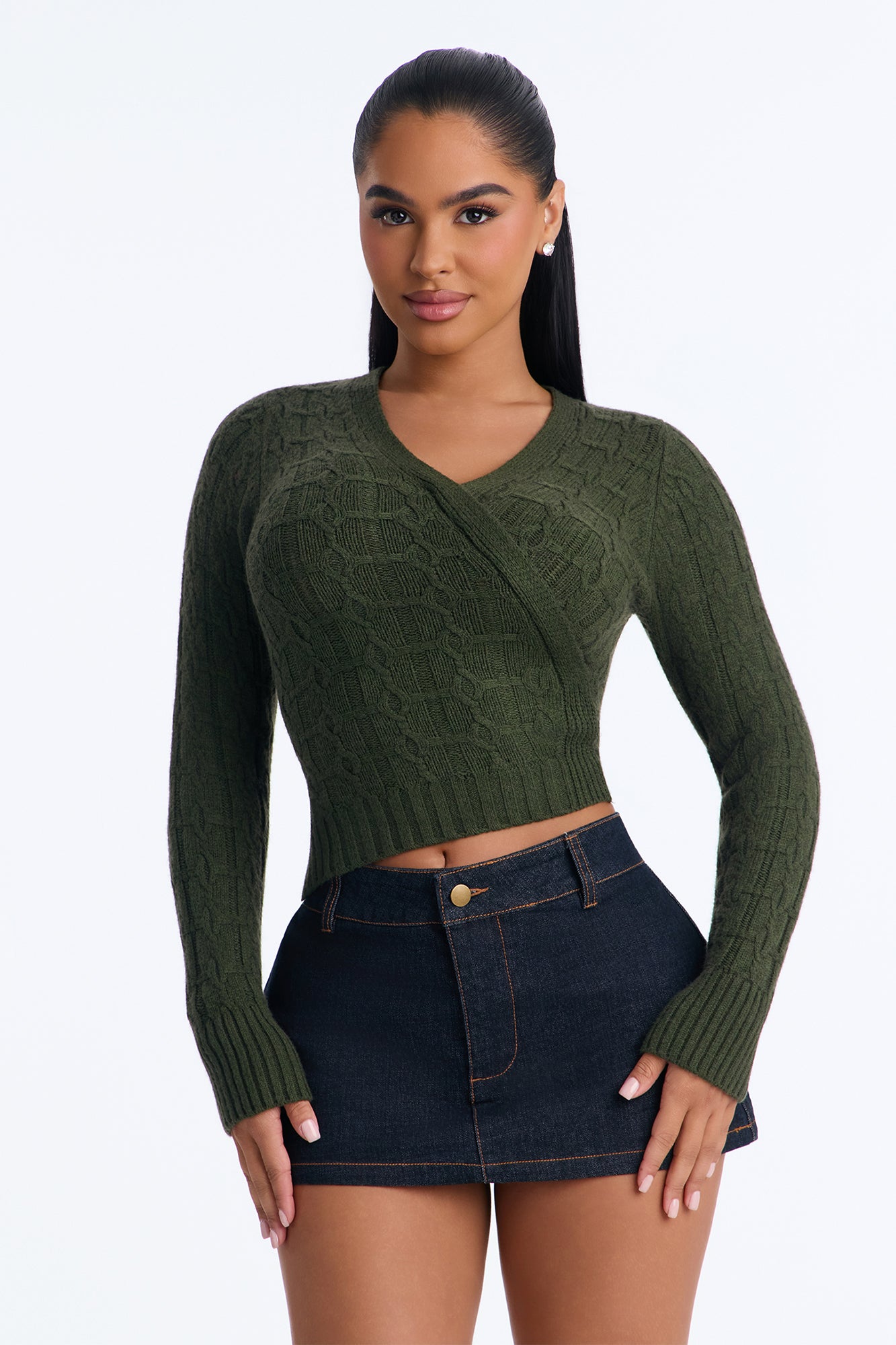 Kennedy Cable Knit Surplice Pullover Sweater - Olive