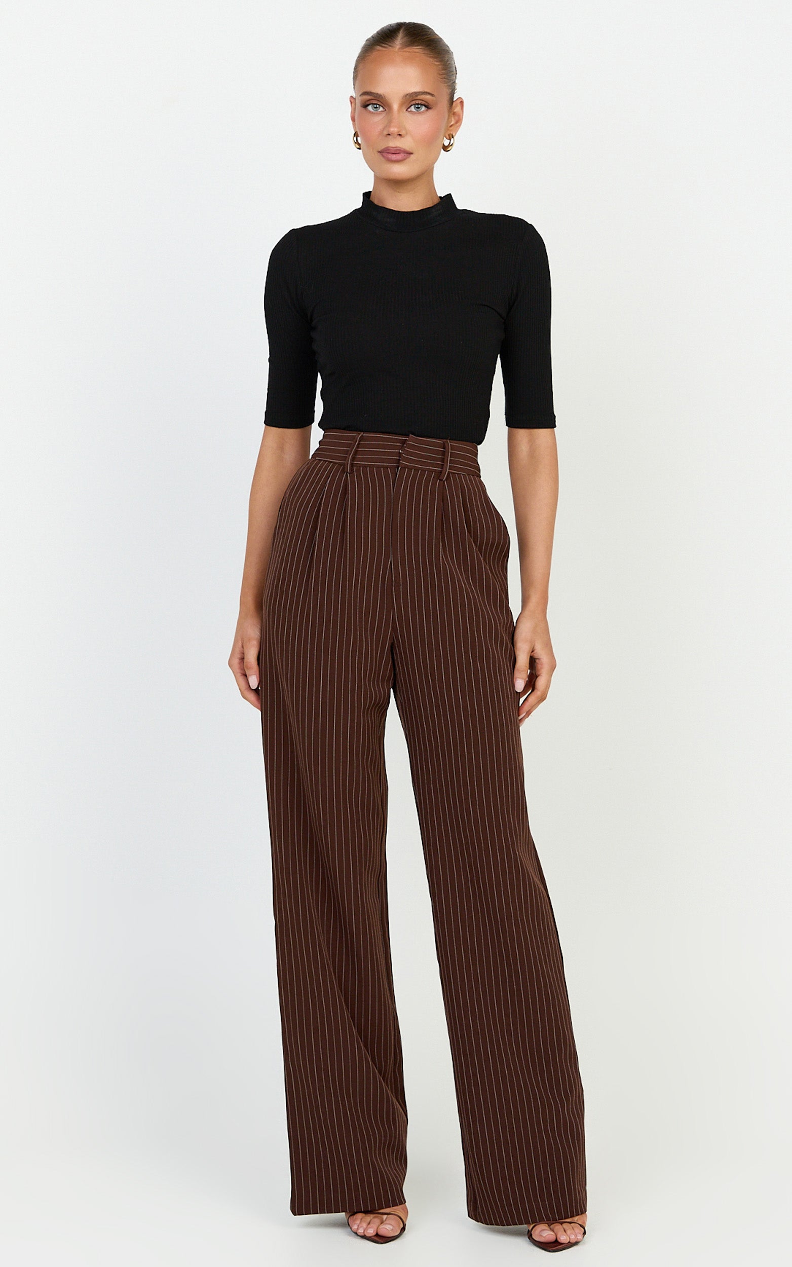 Rose Pants - Stripe Tailored Straight Leg Pants in Dark Chocolate