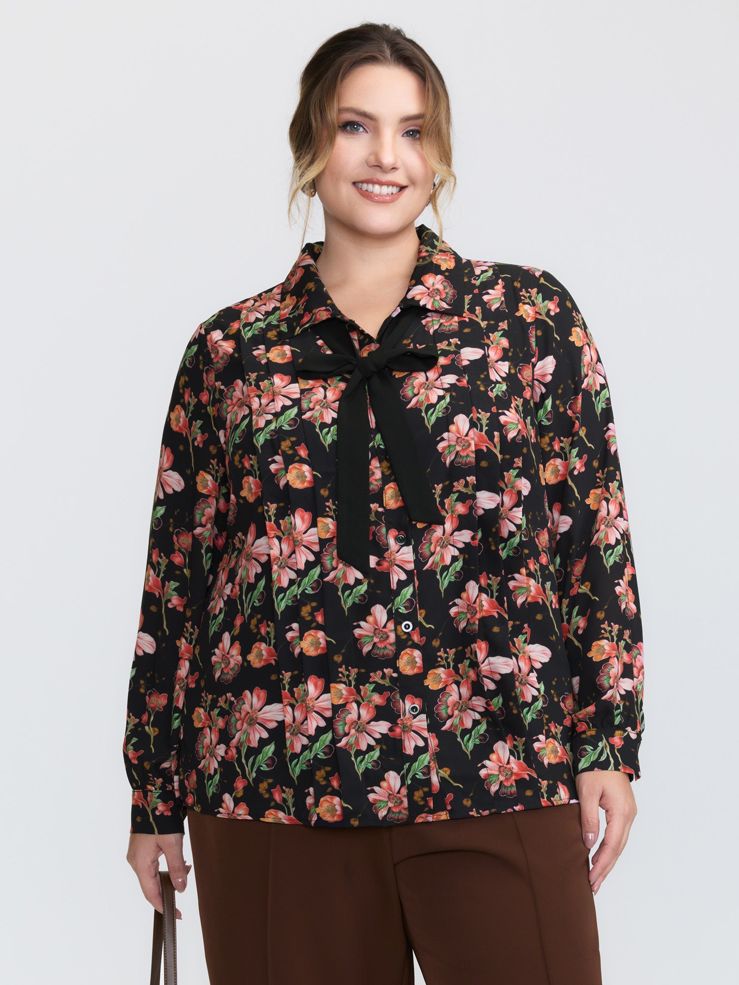 Floral Print Pleated Bow Button-Down Shirt