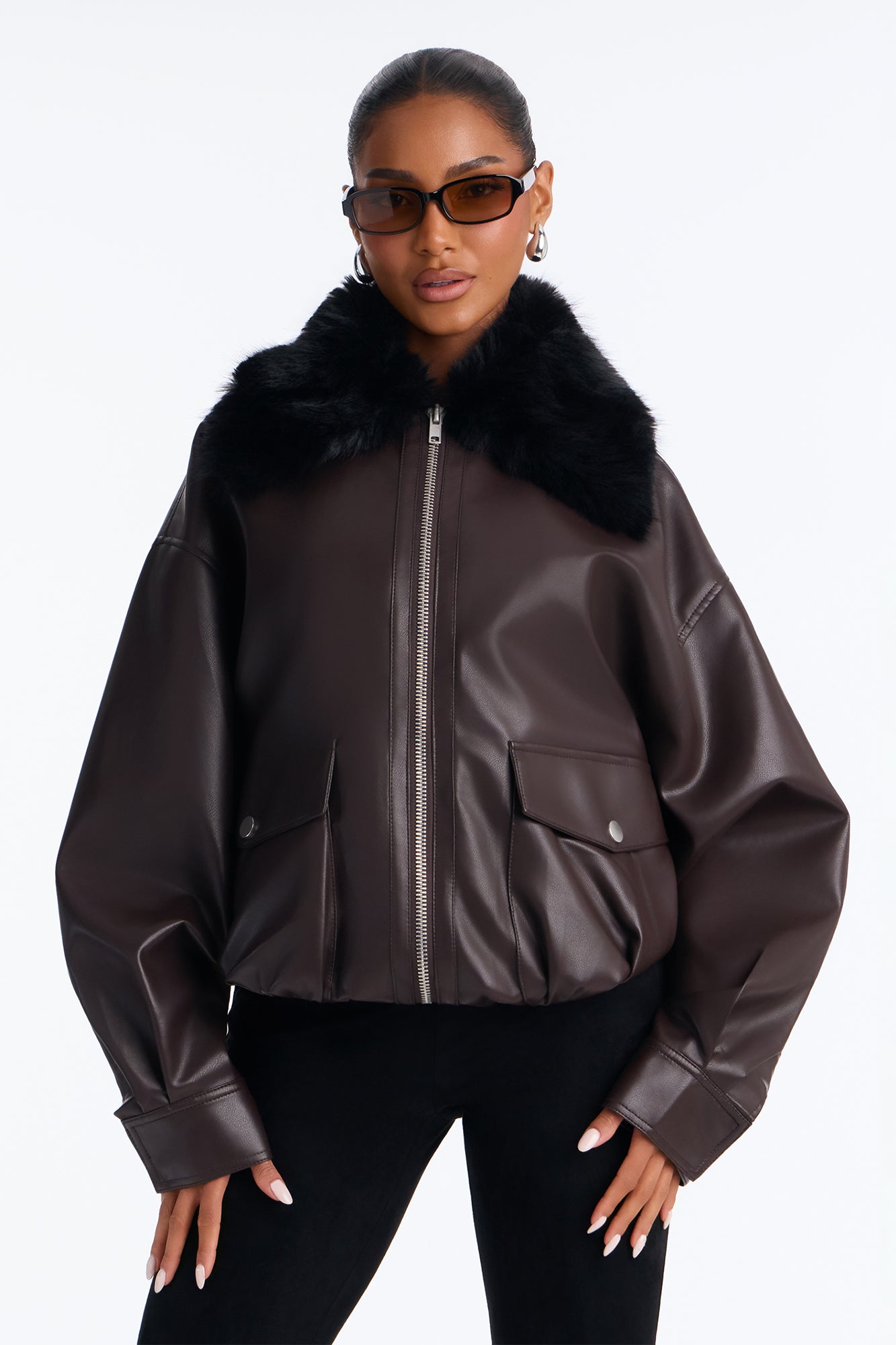 She's The Boss Fur Trim Bomber - Brown