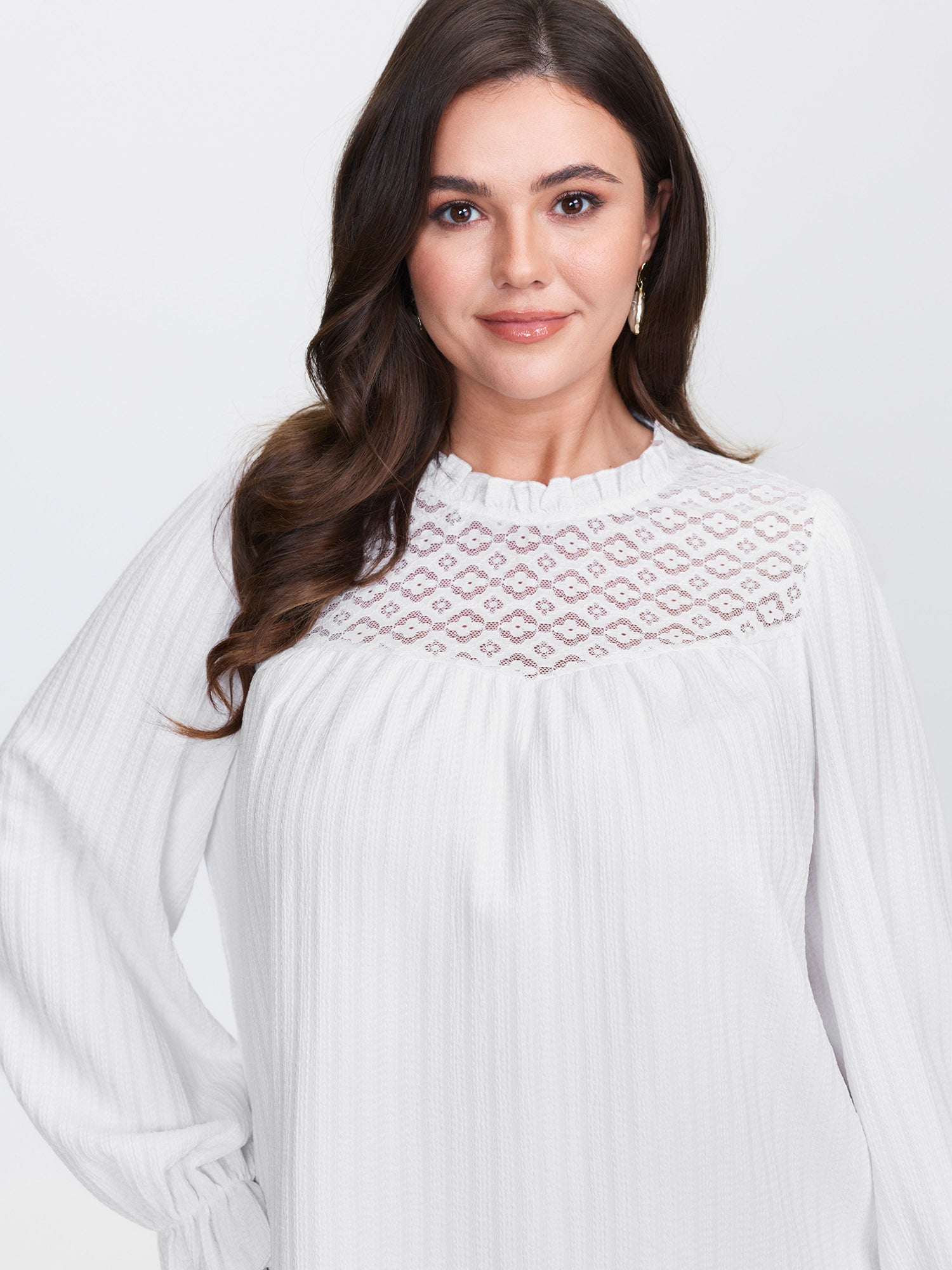 Lace Trim Pleated Flowy-Fit Blouse