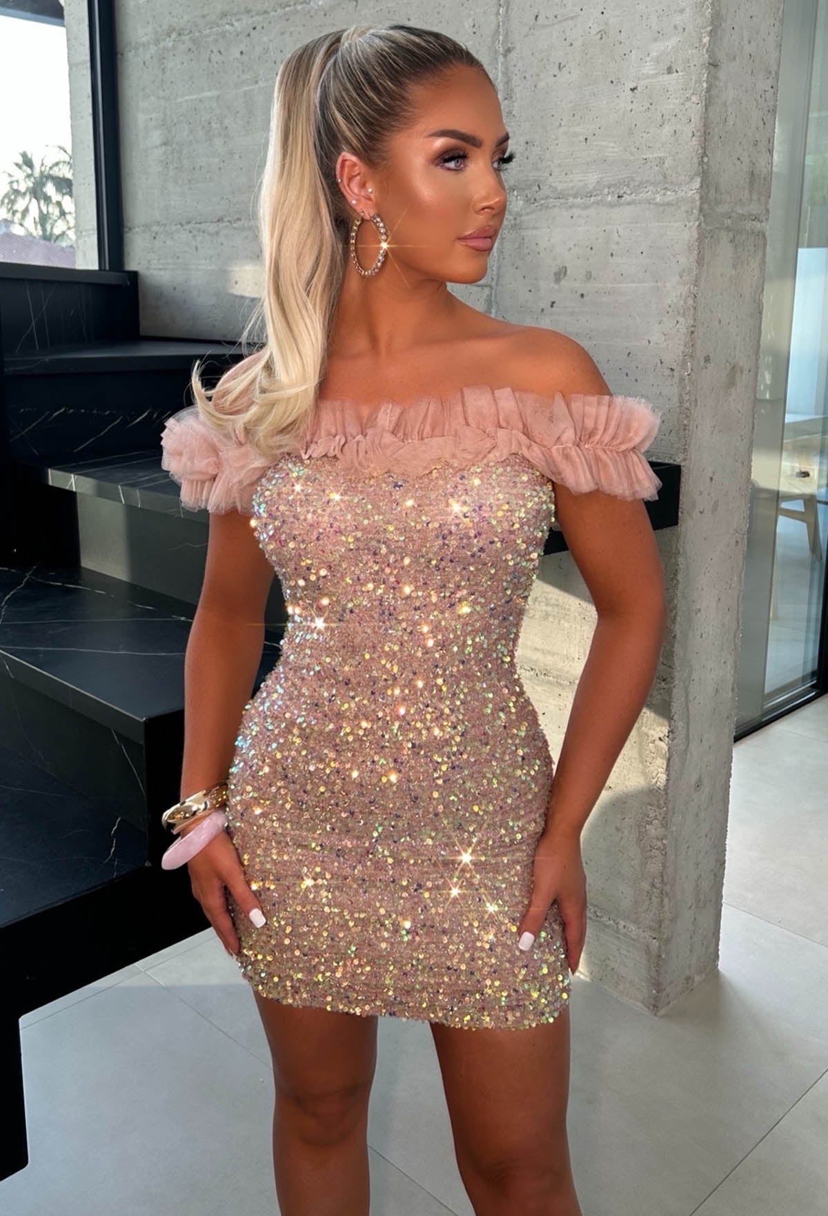 Shimmer Season Mauve Sequin Ruffle Detail Mini Dress