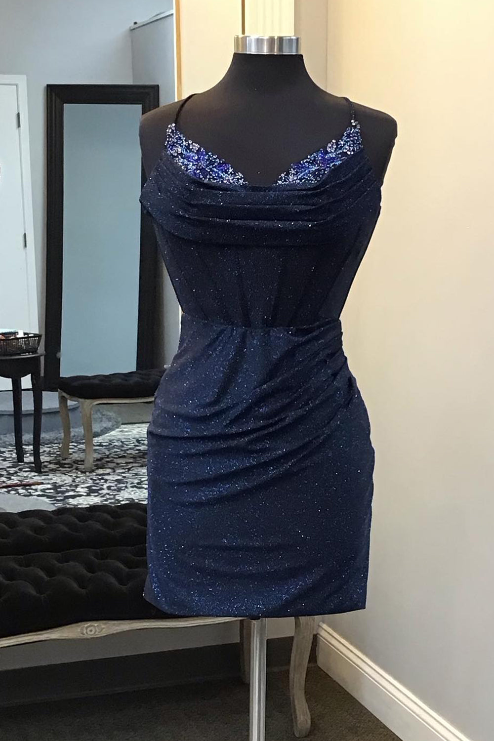 Glitter Navy Beaded Corset Lace-Up Back Tight Short Homecoming Dress/Mini Dress