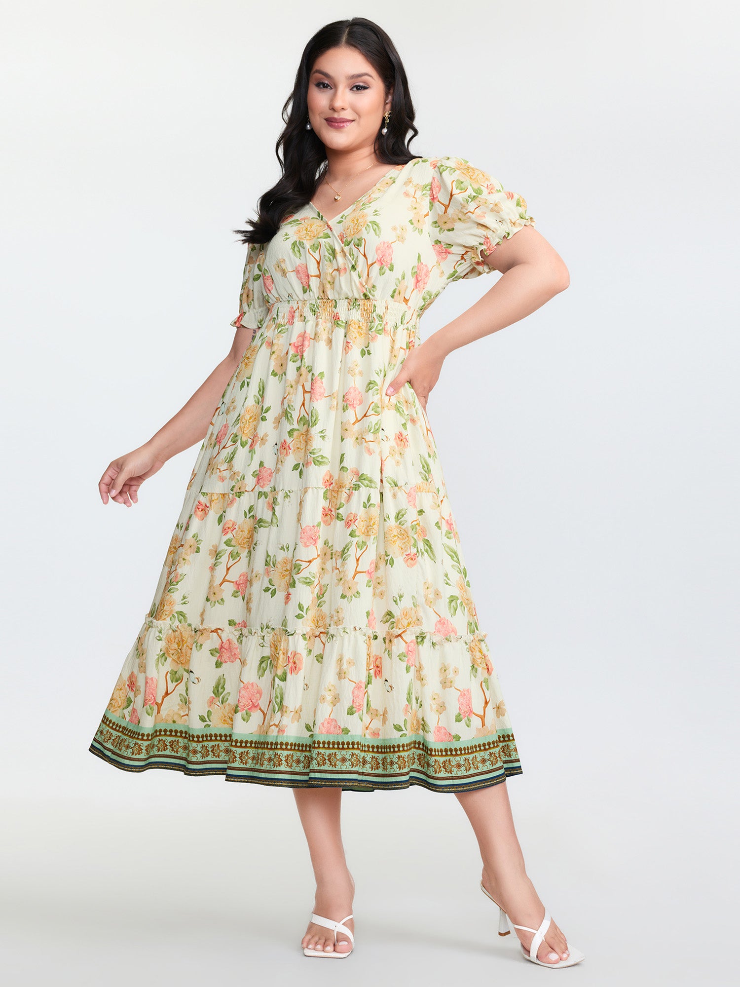 Floral Print Surplice Neckline Midi Dress