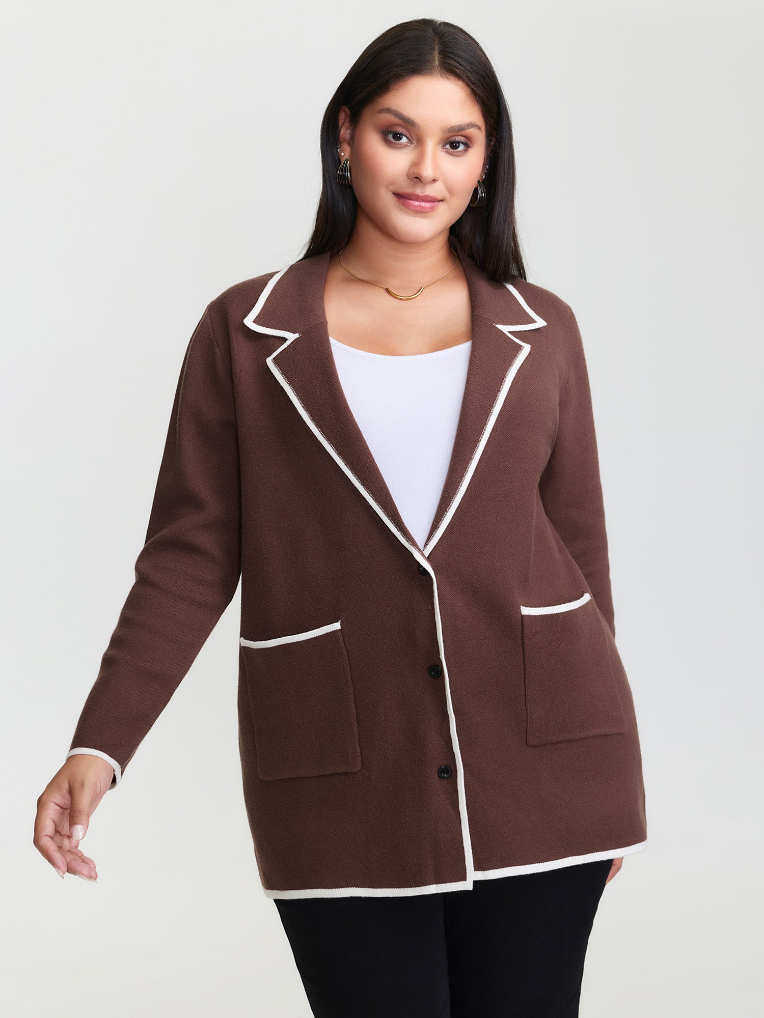 Suit Collar Color Contrast Pockets Knit Cardigan