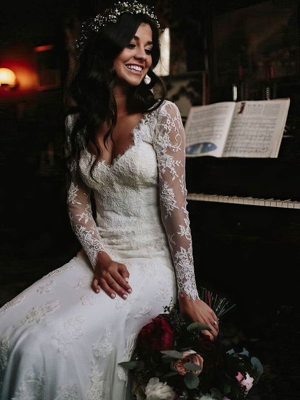 Fabulous Sheath Long Sleeves V-Neck Backless Lace Wedding Dresses