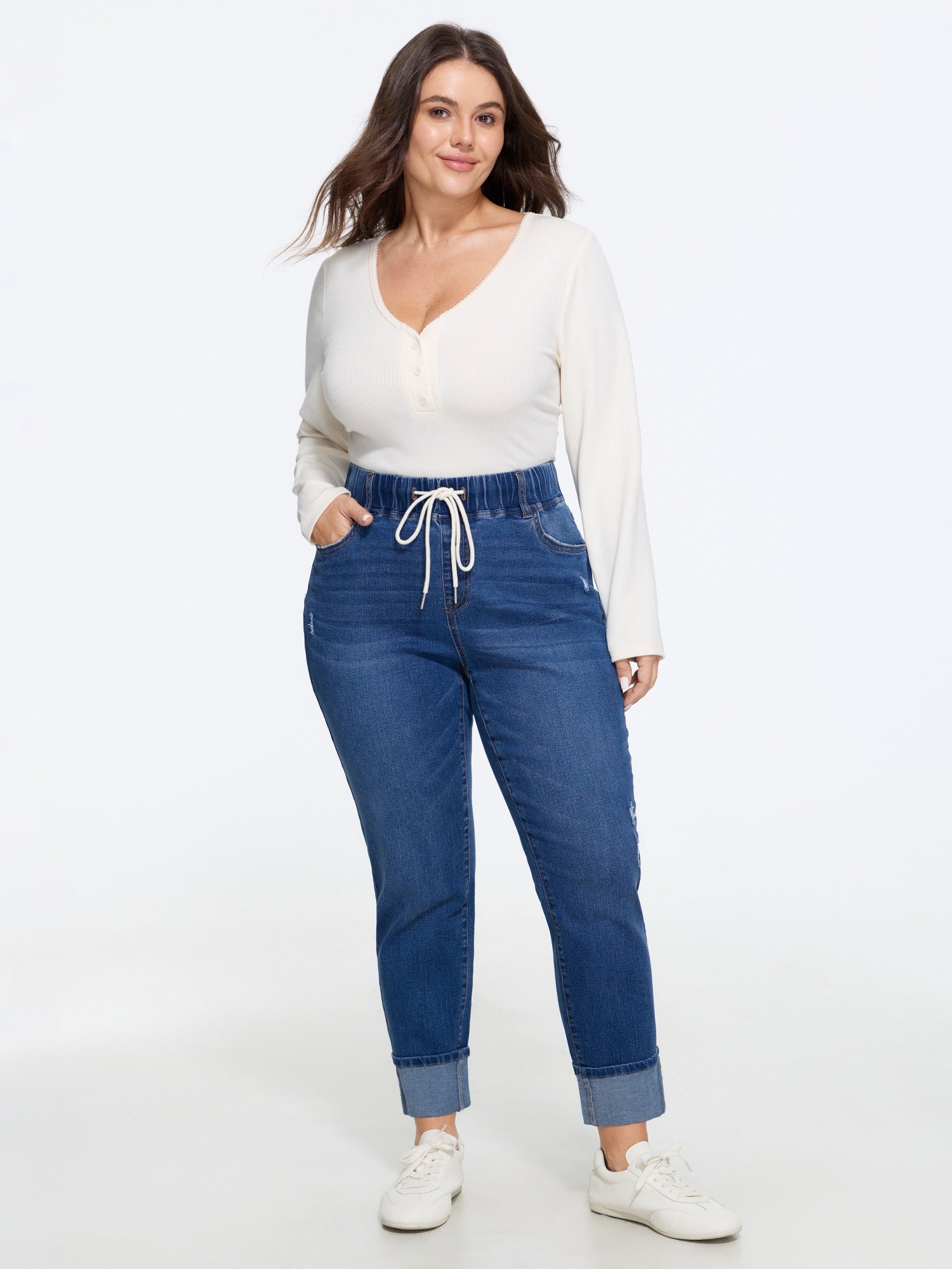 Stretch Drawstring Waist Cuffed Hem Jeans