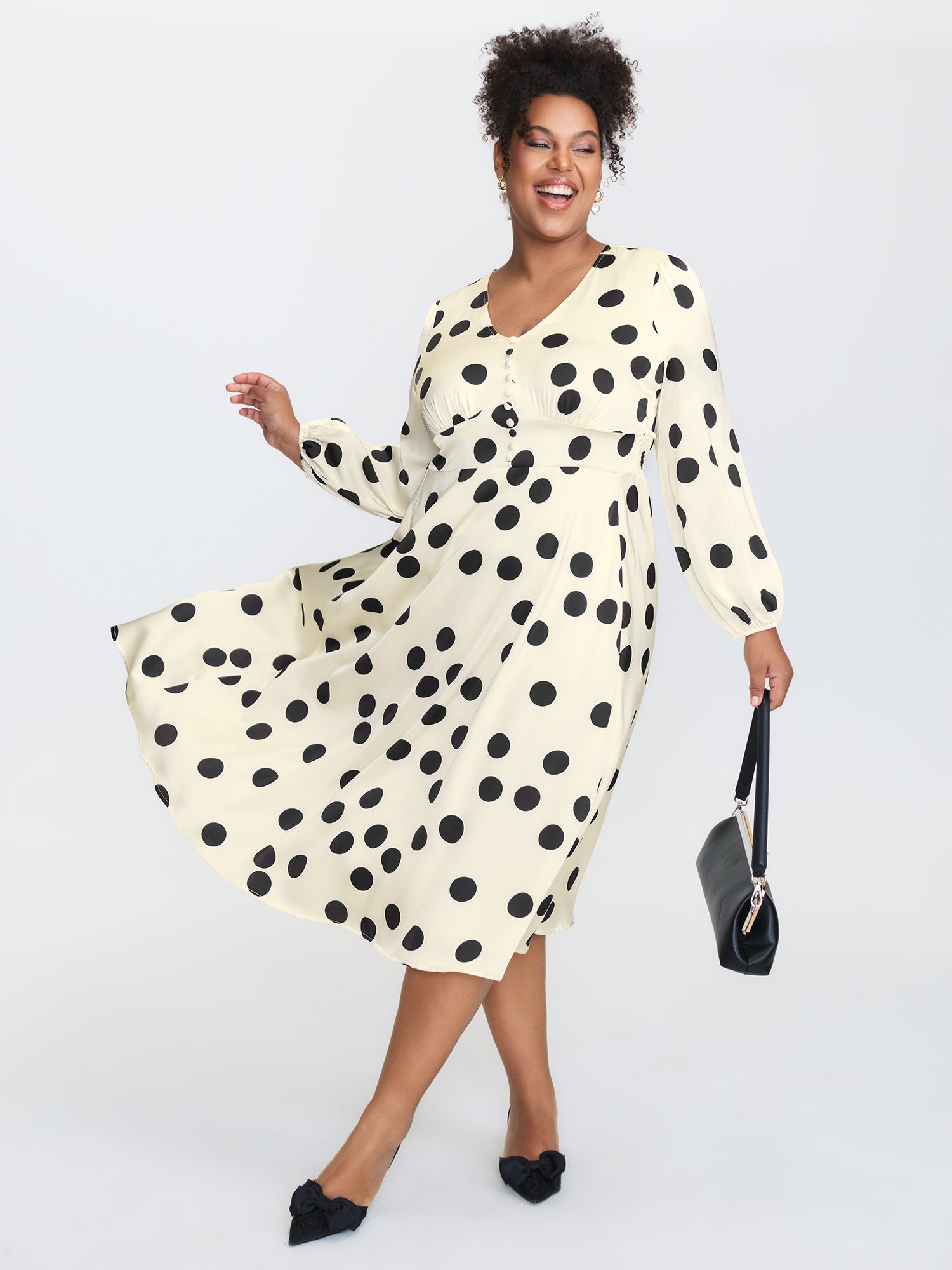 Retro Polka Dots Triangular Waist-Cinched Midi Dress