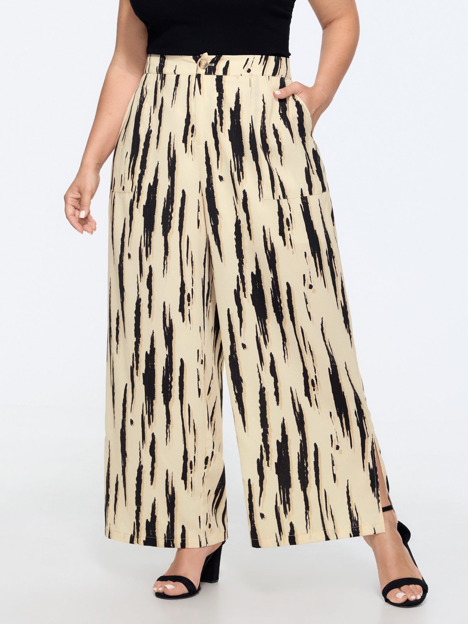 Abstract Print Side Slit Wide Leg Pants
