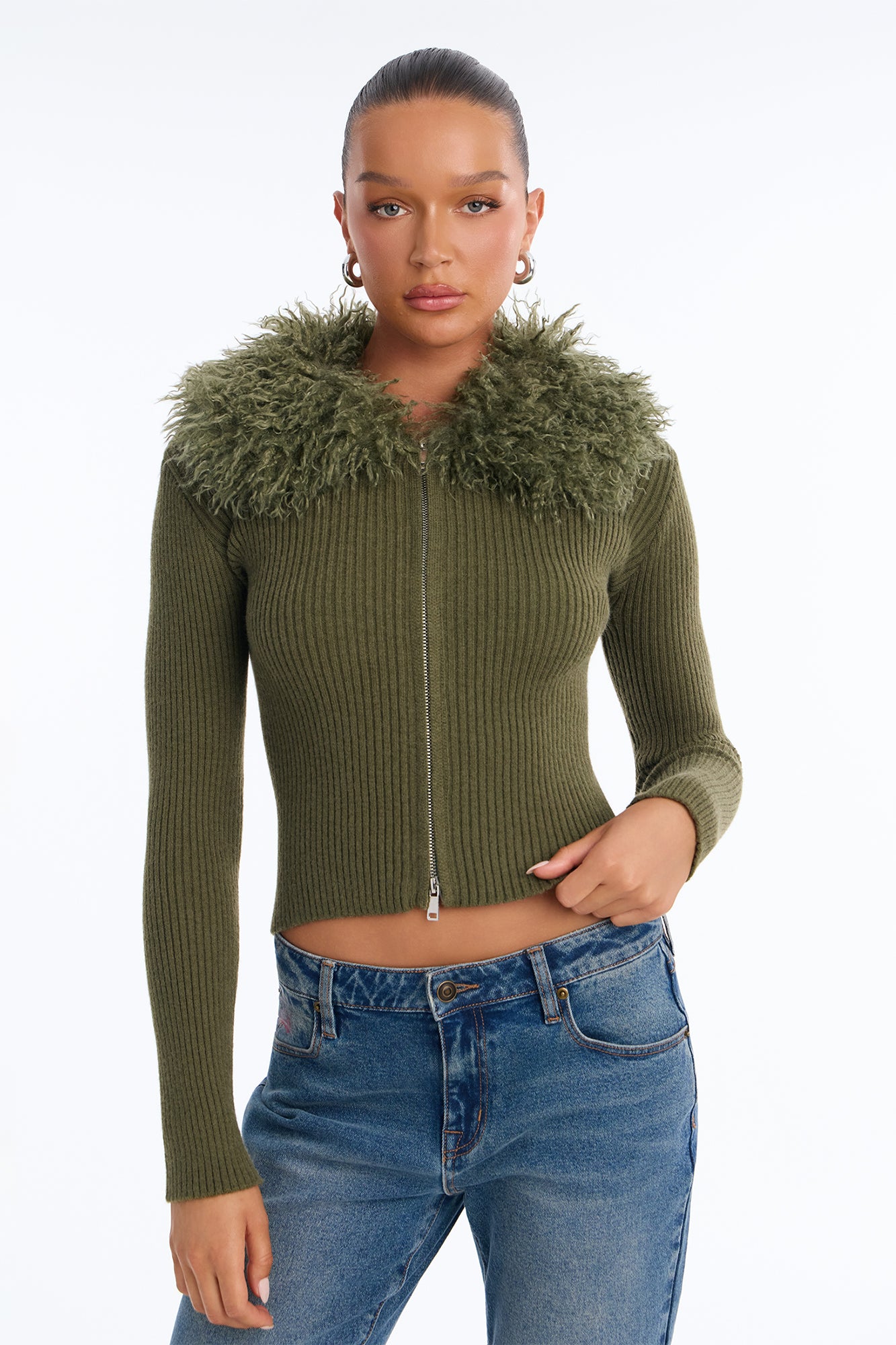 Juliana Faux Fur Zip Up Sweater - Olive
