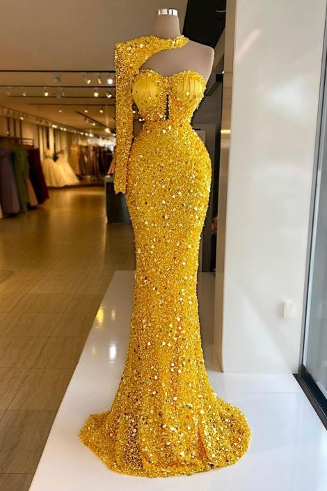 One Shoulder Yellow Halter Long Sleeve Sweetheart Mermaid Formal Dress With Sequins