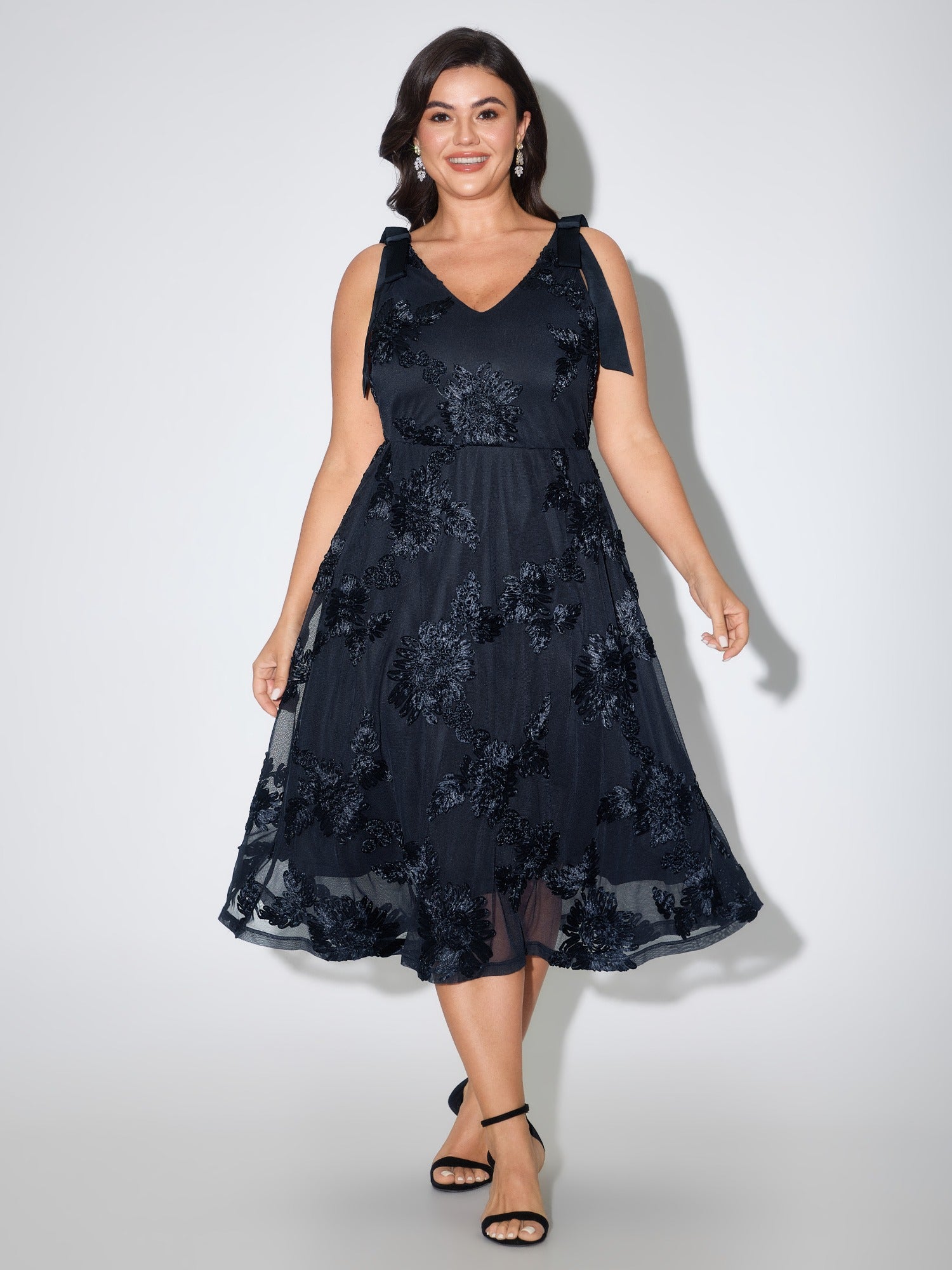3D Floral Mesh Bow Strap Midi Dress
