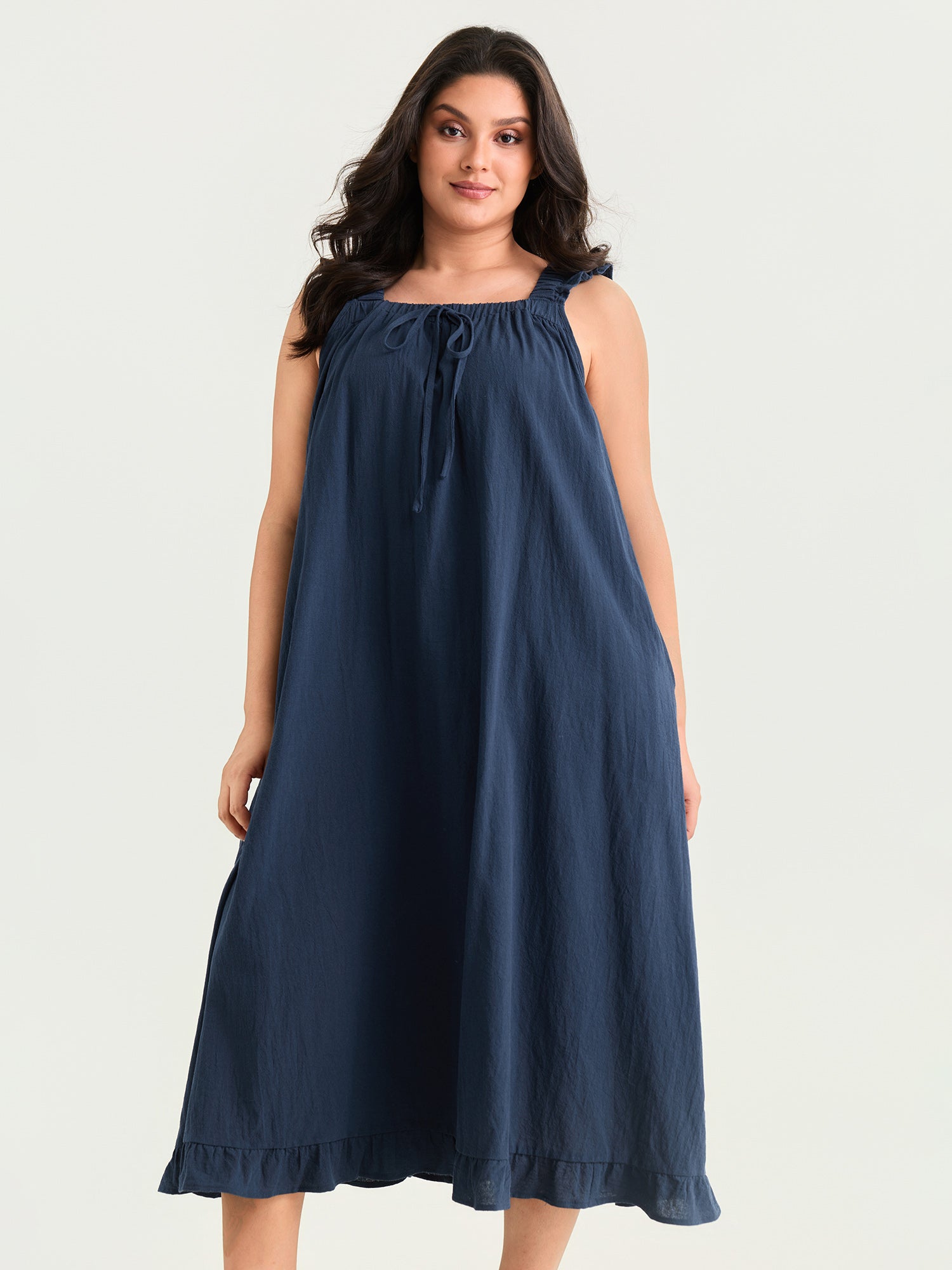 Cotton Solid Ruffle Strap Drawstring Maxi Dress