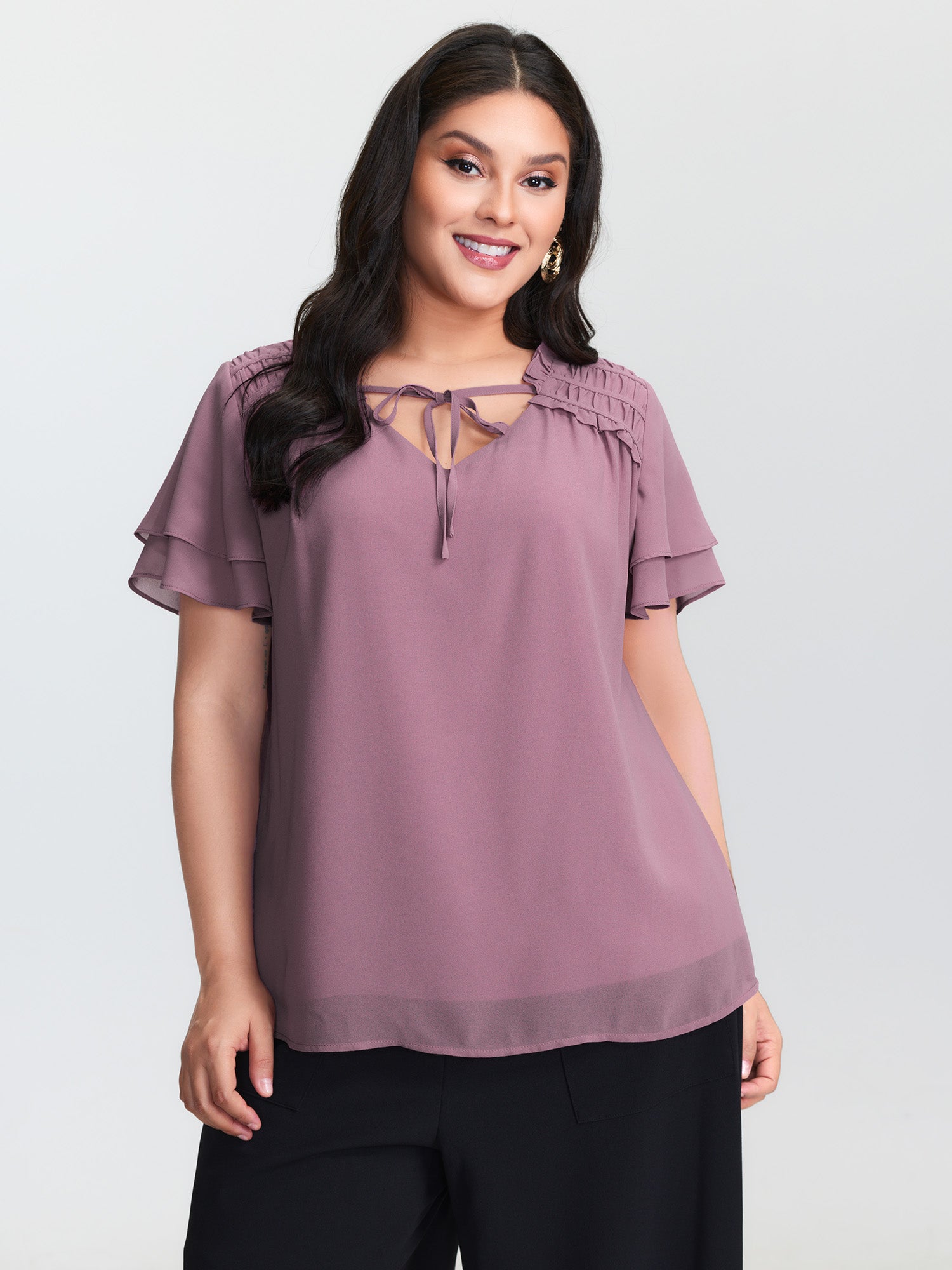 Ruffled Detail Neck Tie Layered Sleeve Blouse