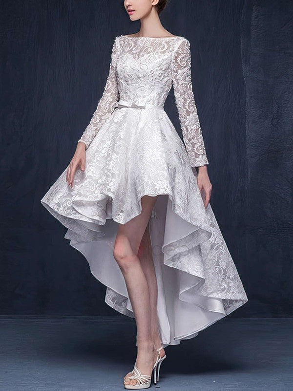 Deluxe A-Line Bateau Long Sleeves Lace Asymmetrical Wedding Dresses with Sash