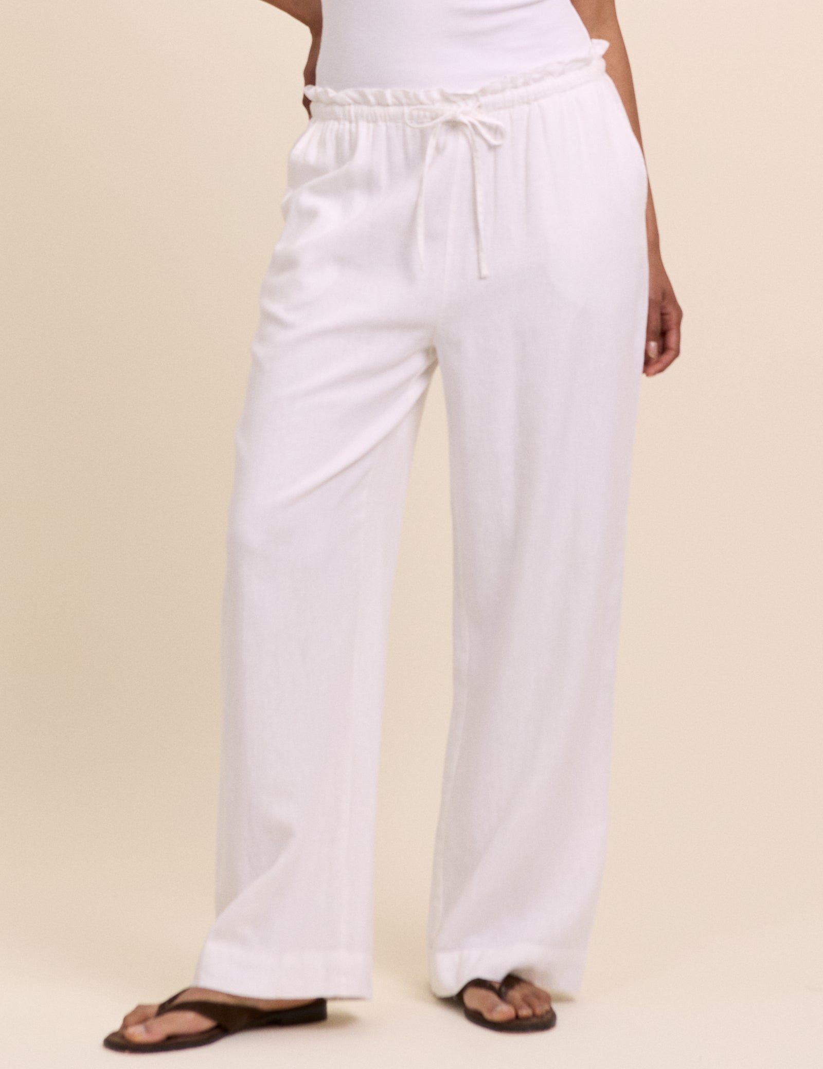 White Linen-Rich Straight Leg Trousers