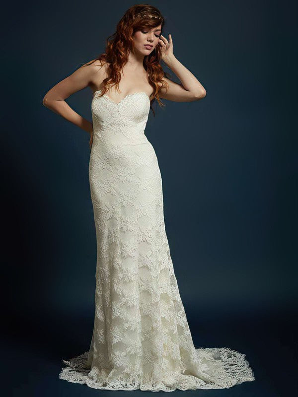 Fabulous Strapless Mermaid Sweetheart Lace Wedding Dresses with Sweep Train