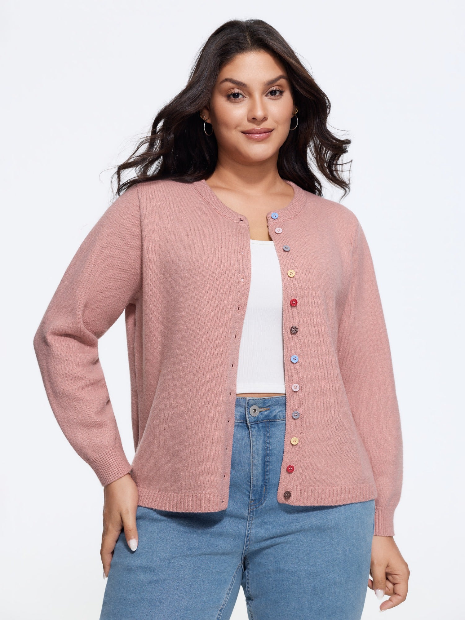 Crew Neck Multi‑Color Buttons Open Front Cardigan