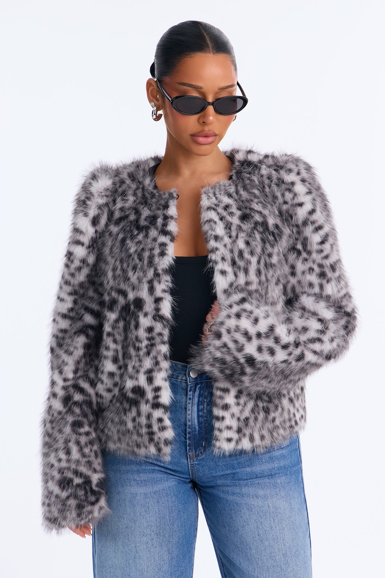 Selena Collarless Structured Faux Fur Coat - Grey/combo