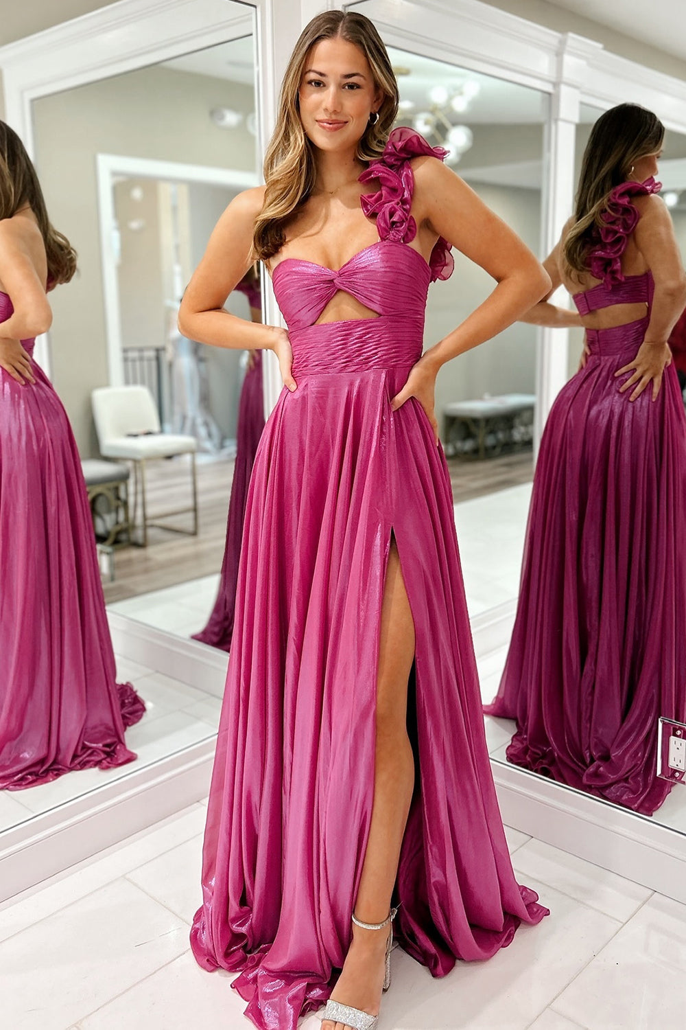 Metallic Fuchsia Long Prom Dress with One Shoulder and A-Line Slit