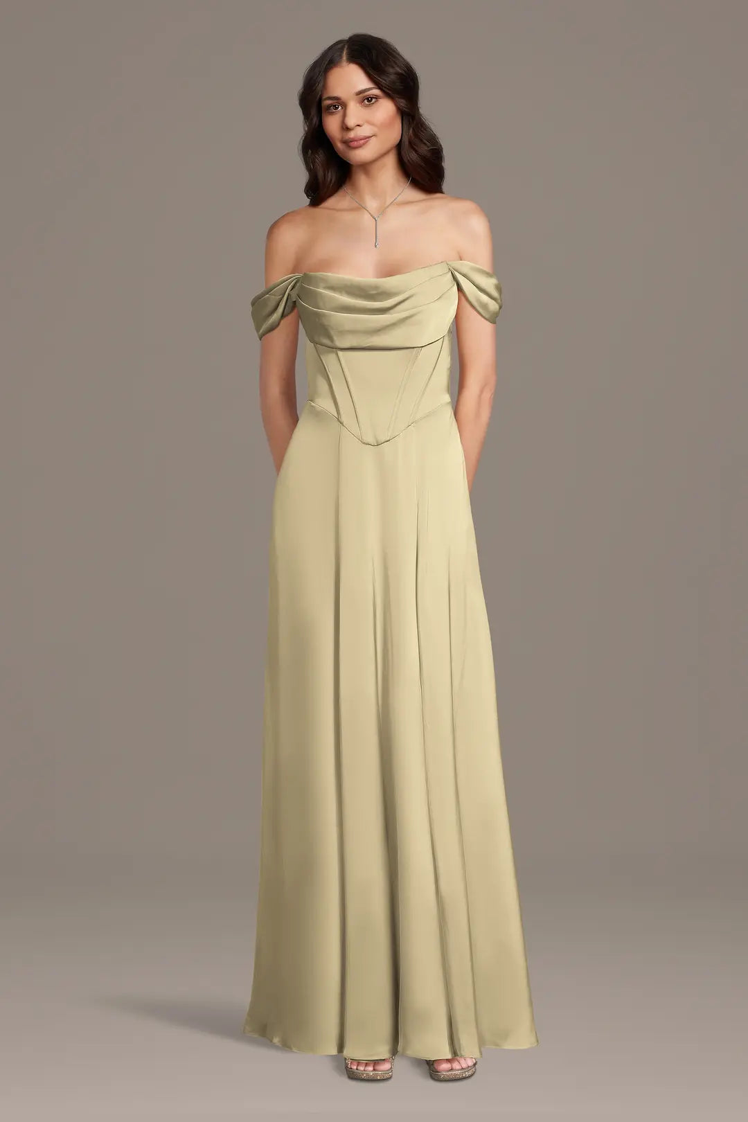 Matte Satin Basque Waist Off-the-Shoulder Dress