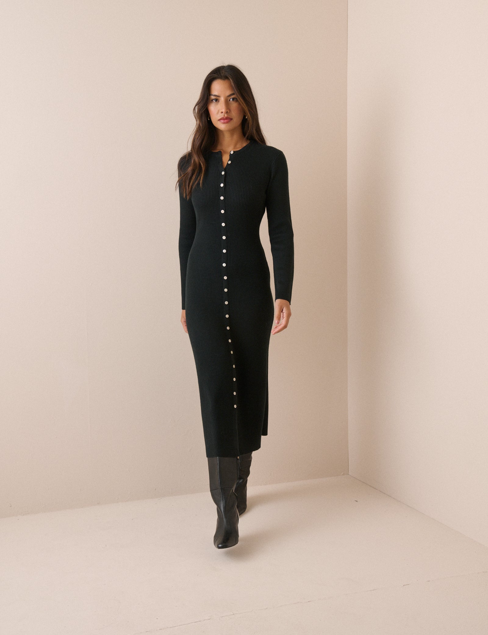 Black Ribbed Knitted Midi Dress