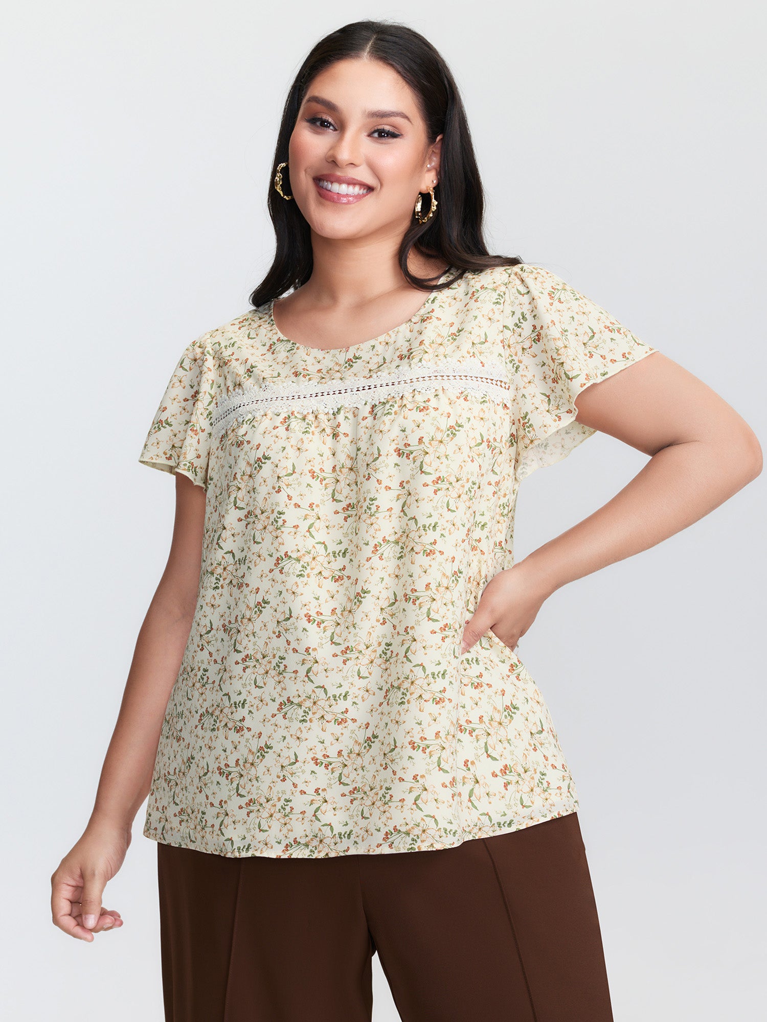 Floral Print Lace Trim Blouse