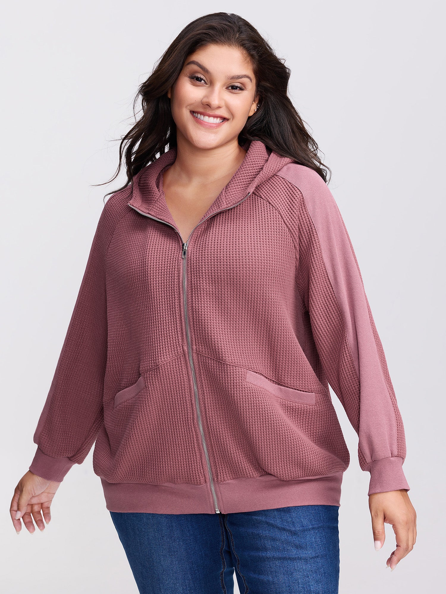 Waffle Weave Blend Pockets Zipper Hoodie