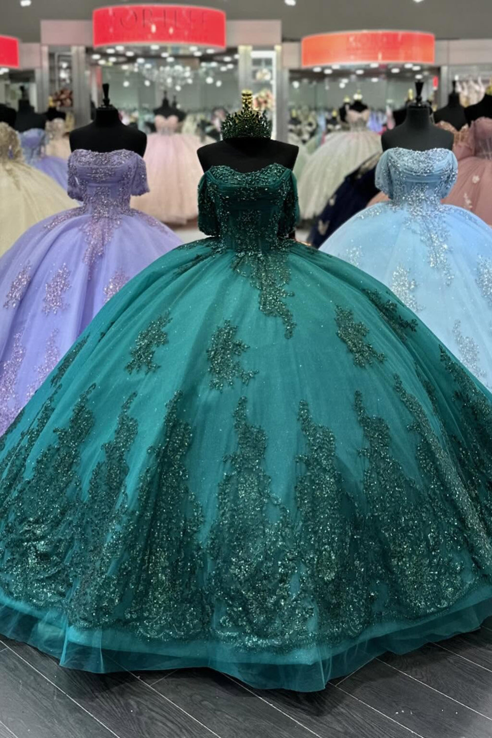 Dark Green Sparkly Off-the-Shoulder Princess Tulle Quinceanera Dress with Beaded Applique and Sequins