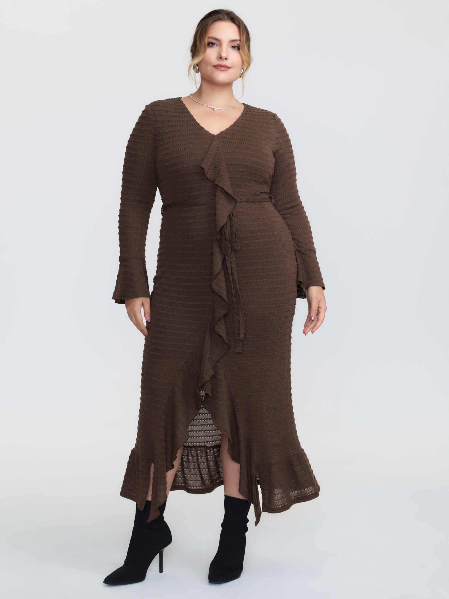 Ruffled Front Slit Ribbed Maxi Dress