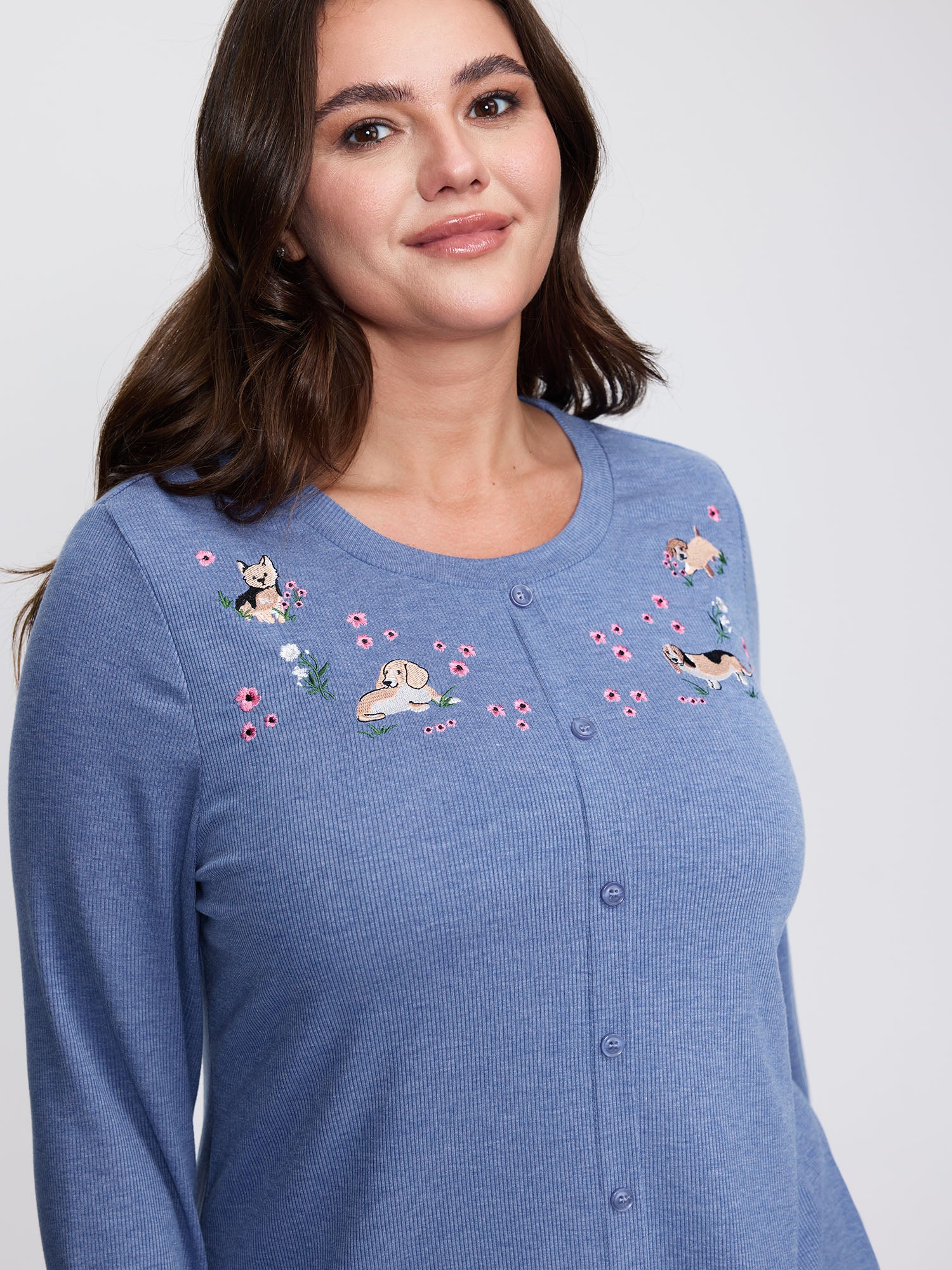 Puppy Embroidery Buttons Fitted T-Shirt