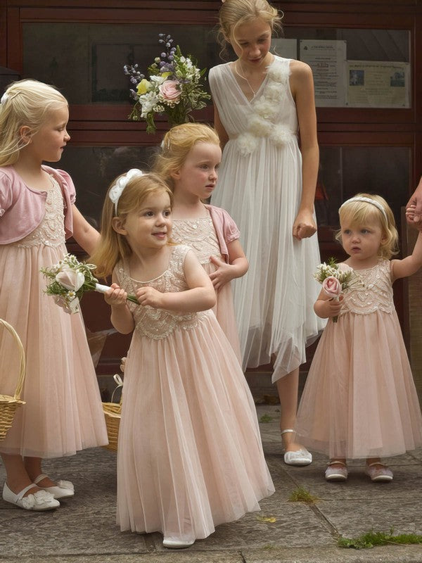 Gorgeous A-Line Scoop Neck Lace Tulle Ankle-Length Flower Girl Dresses