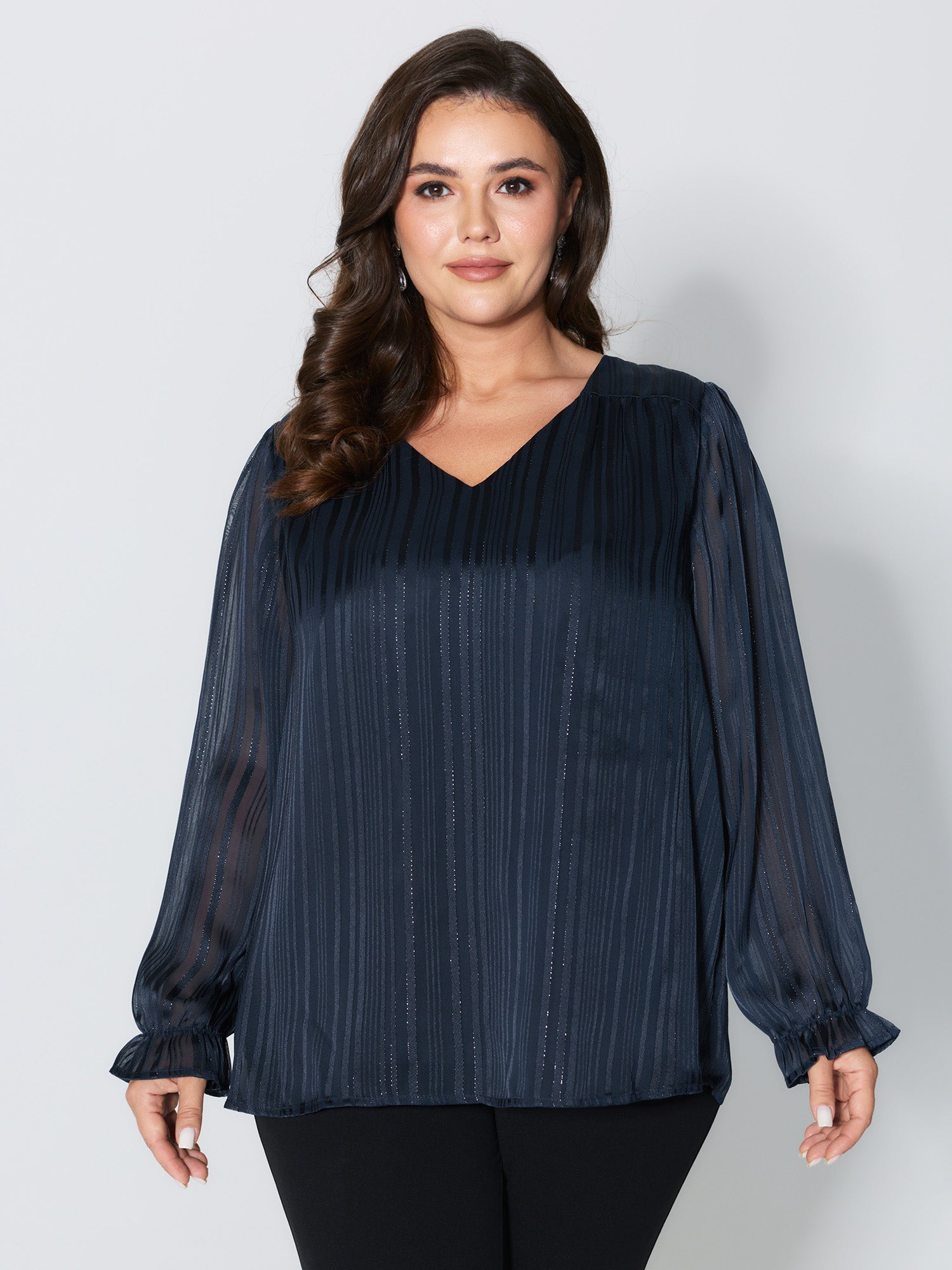 V Neck Luxe Shirred Cuff Blouse